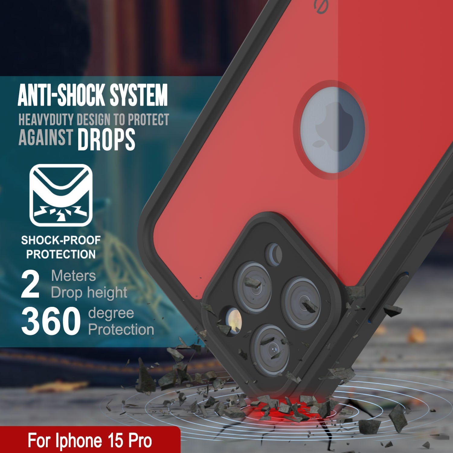 iPhone 15 Pro Waterproof IP68 Case, Punkcase [Red] [StudStar Series] [Slim Fit]