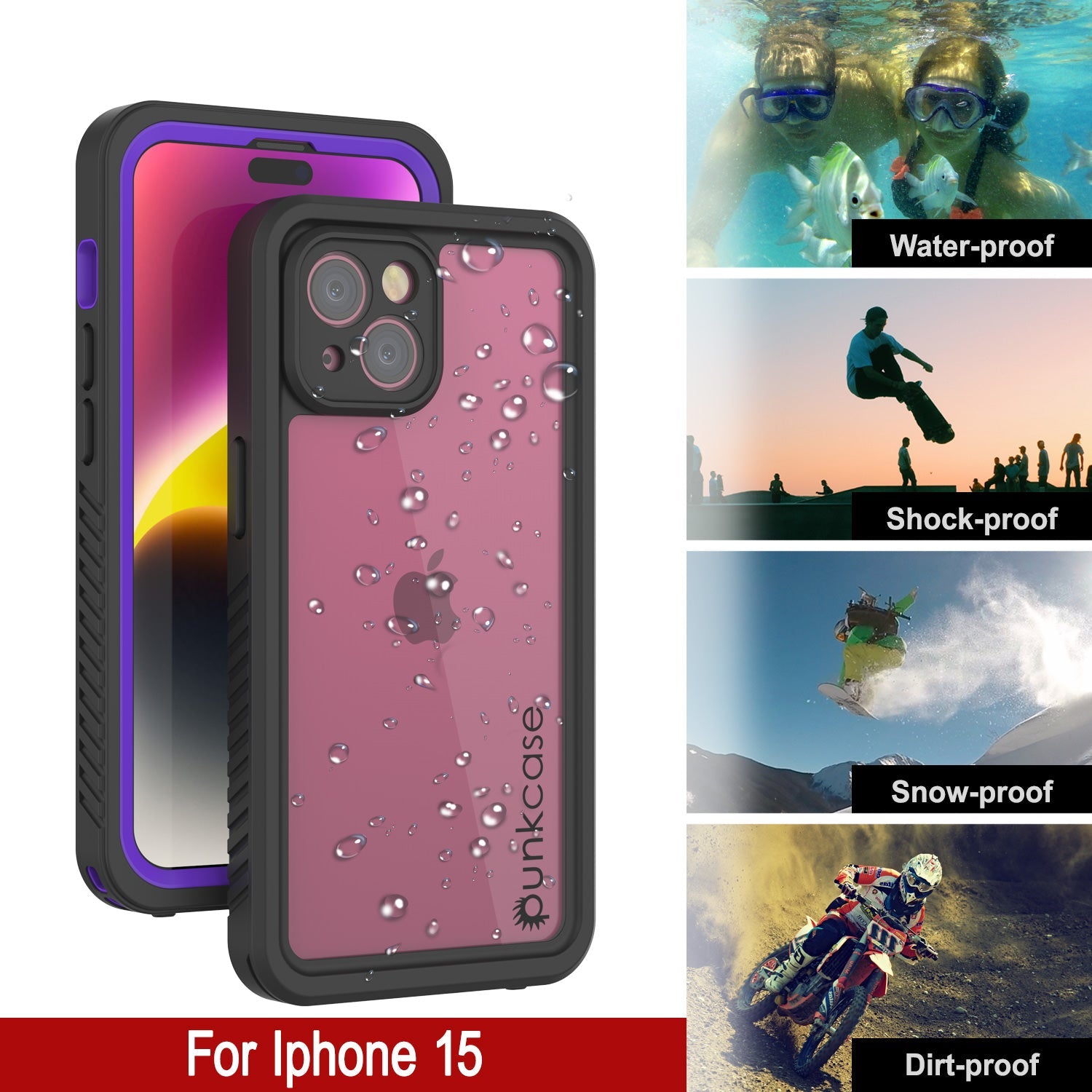 iPhone 15  Waterproof Case, Punkcase [Extreme Series] Armor Cover W/ Built In Screen Protector [Purple]