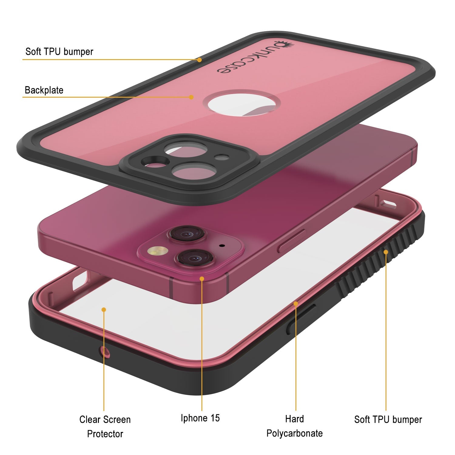 iPhone 15 Waterproof IP68 Case, Punkcase [Pink] [StudStar Series] [Slim Fit] [Dirtproof]