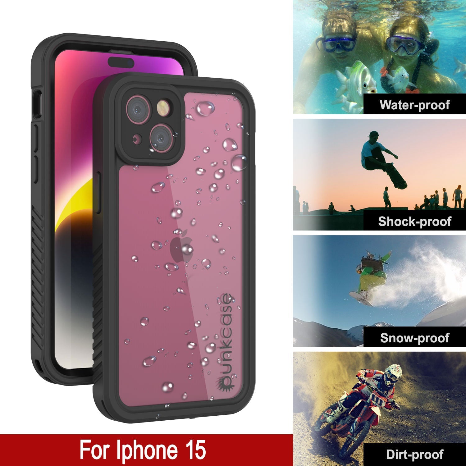 iPhone 15 Waterproof IP68 Case, Punkcase [Clear] [StudStar Series] [Slim Fit] [Dirtproof]