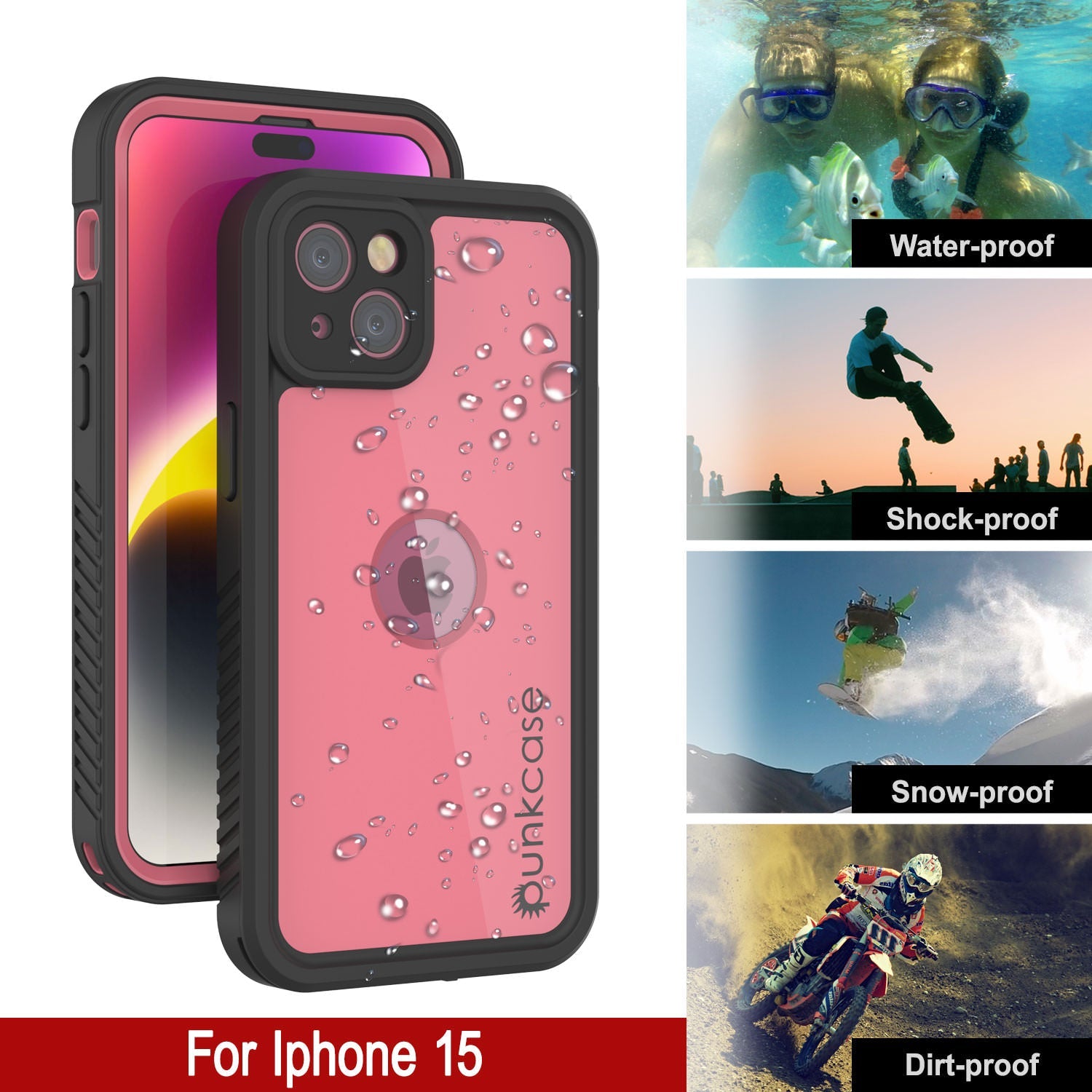 iPhone 15 Waterproof IP68 Case, Punkcase [Pink] [StudStar Series] [Slim Fit] [Dirtproof]