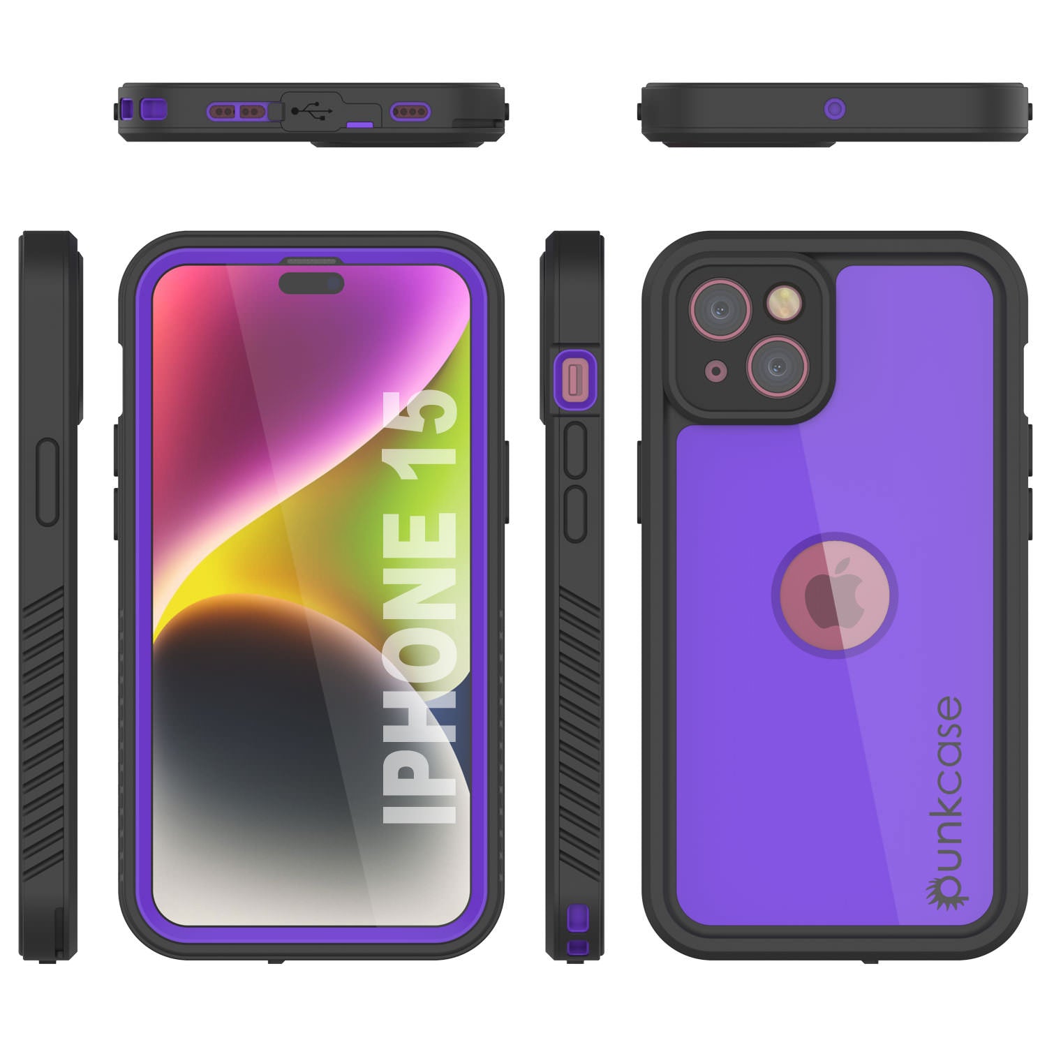 iPhone 15 Waterproof IP68 Case, Punkcase [Purple] [StudStar Series] [Slim Fit] [Dirtproof]