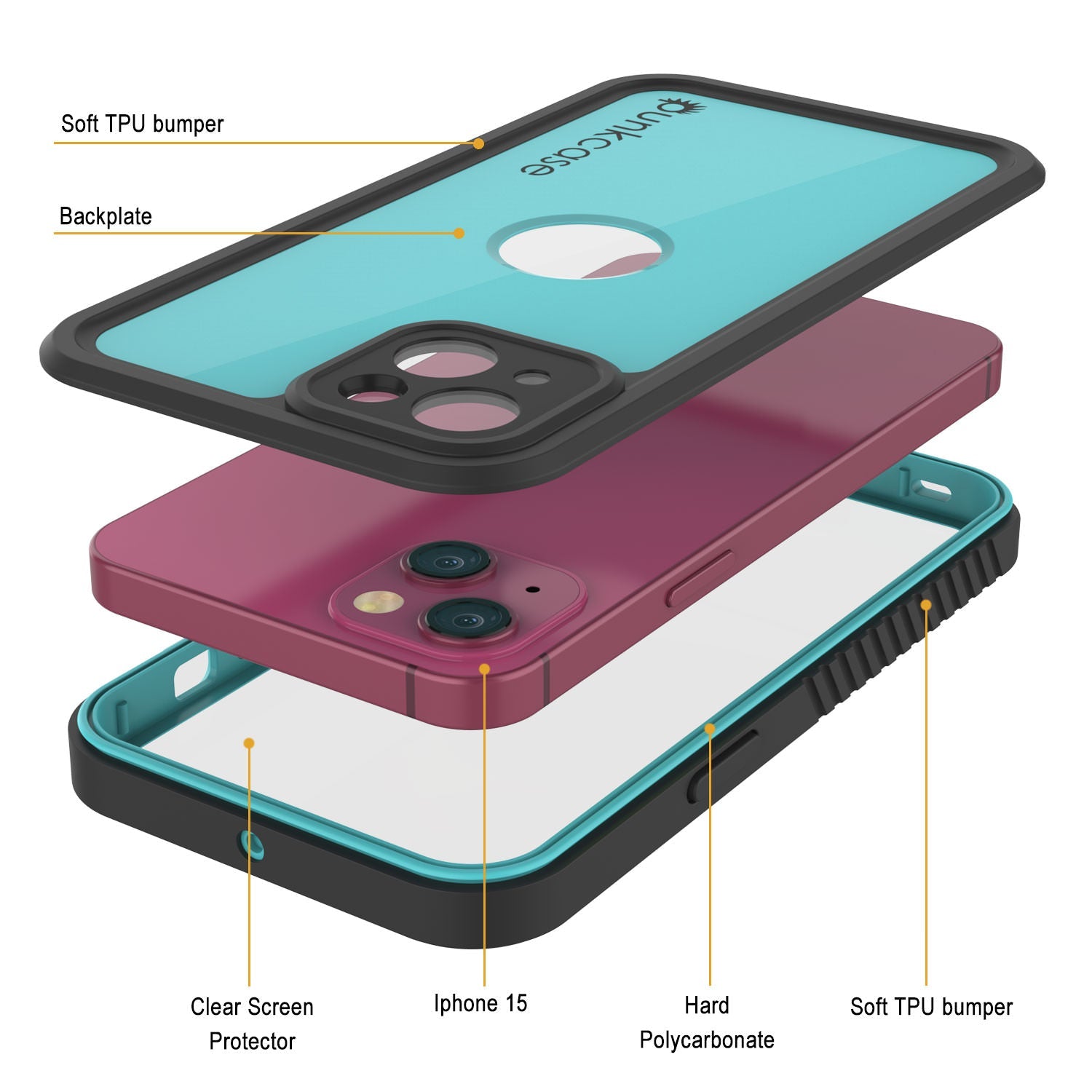 iPhone 15 Waterproof IP68 Case, Punkcase [Teal] [StudStar Series] [Slim Fit]