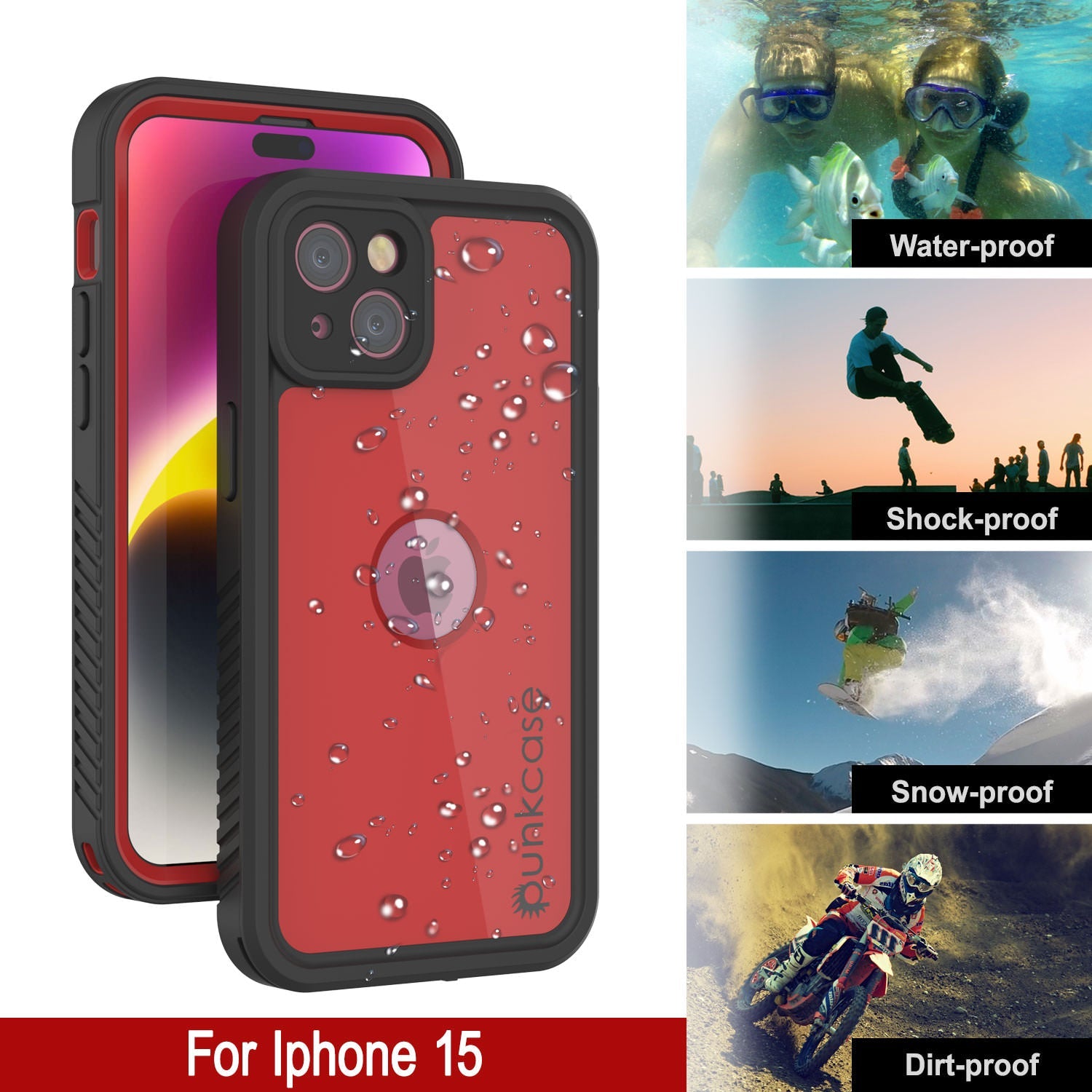 iPhone 15 Waterproof IP68 Case, Punkcase [Red] [StudStar Series] [Slim Fit]