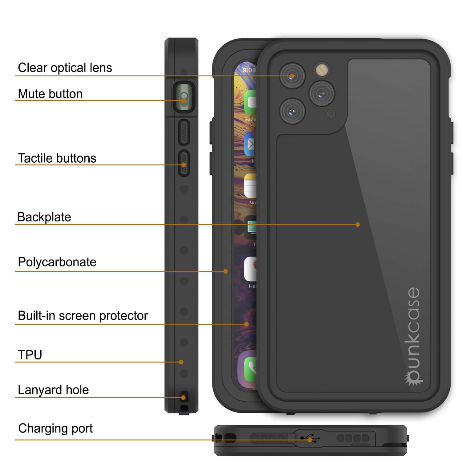 iPhone 11 Pro Waterproof IP68 Case, Punkcase [Black] [StudStar Series] [Slim Fit]