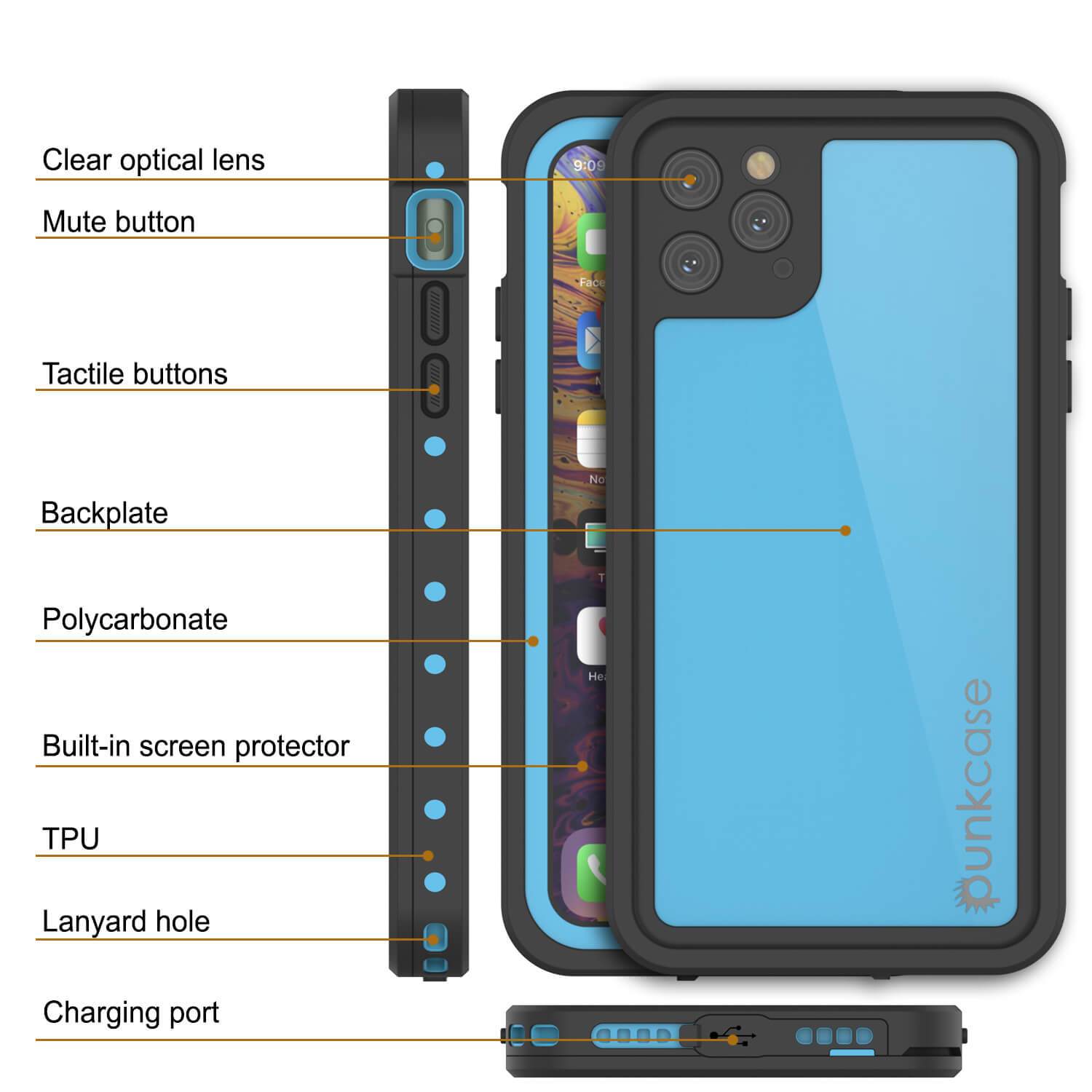 iPhone 11 Pro Waterproof IP68 Case, Punkcase [Light blue] [StudStar Series] [Slim Fit] [Dirtproof]