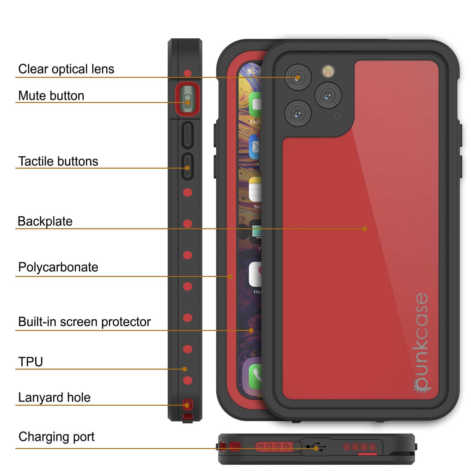 iPhone 11 Pro Waterproof IP68 Case, Punkcase [Red] [StudStar Series] [Slim Fit]
