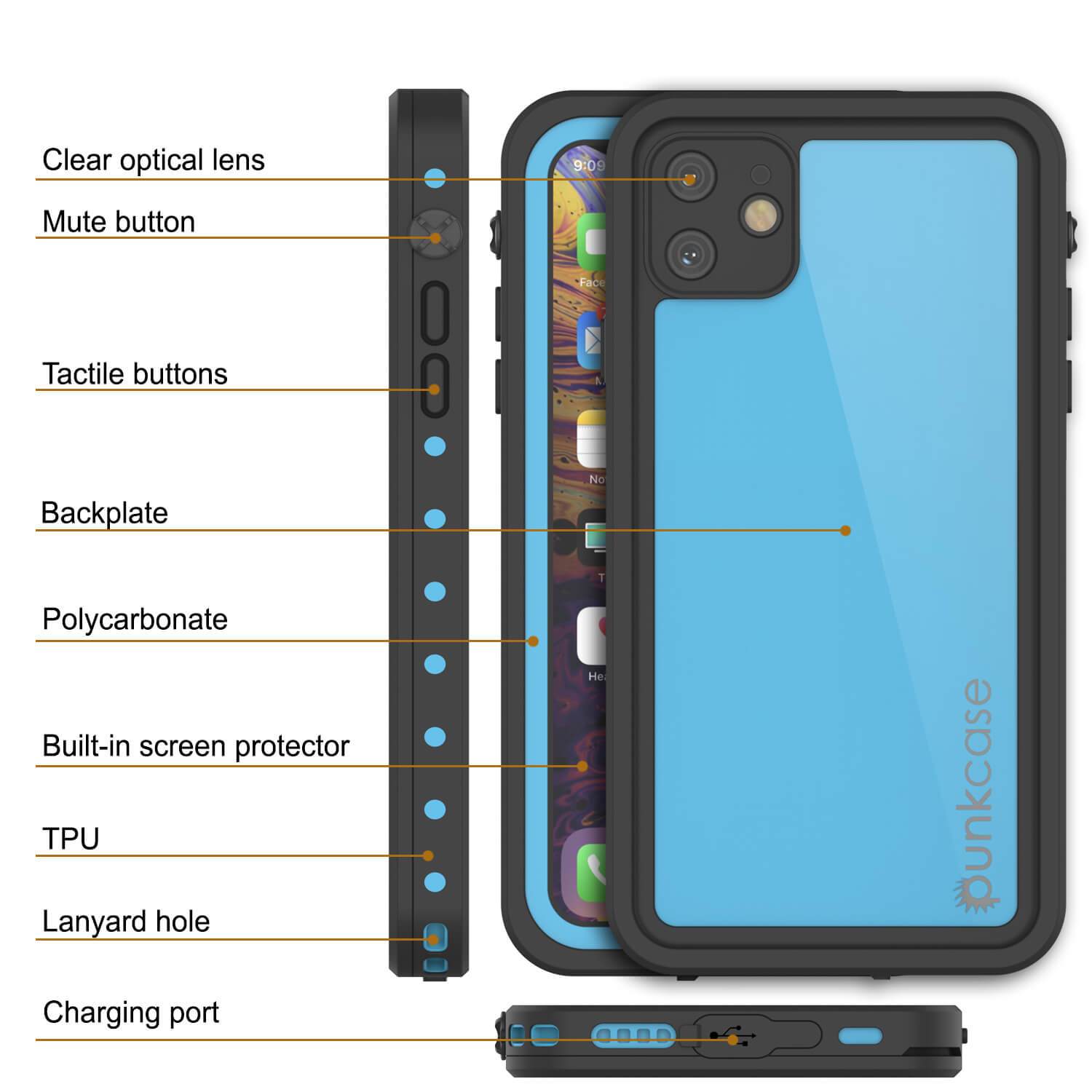 iPhone 11 Waterproof IP68 Case, Punkcase [Light blue] [StudStar Series] [Slim Fit] [Dirtproof]