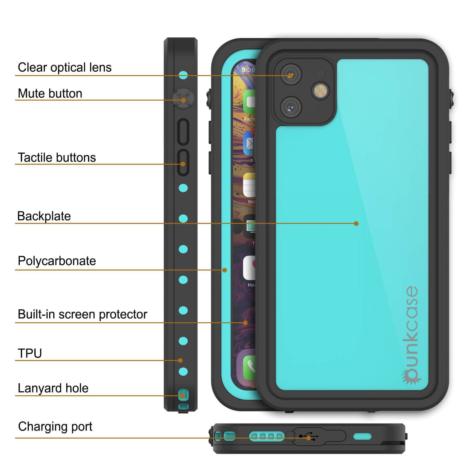 iPhone 11 Waterproof IP68 Case, Punkcase [Teal] [StudStar Series] [Slim Fit]