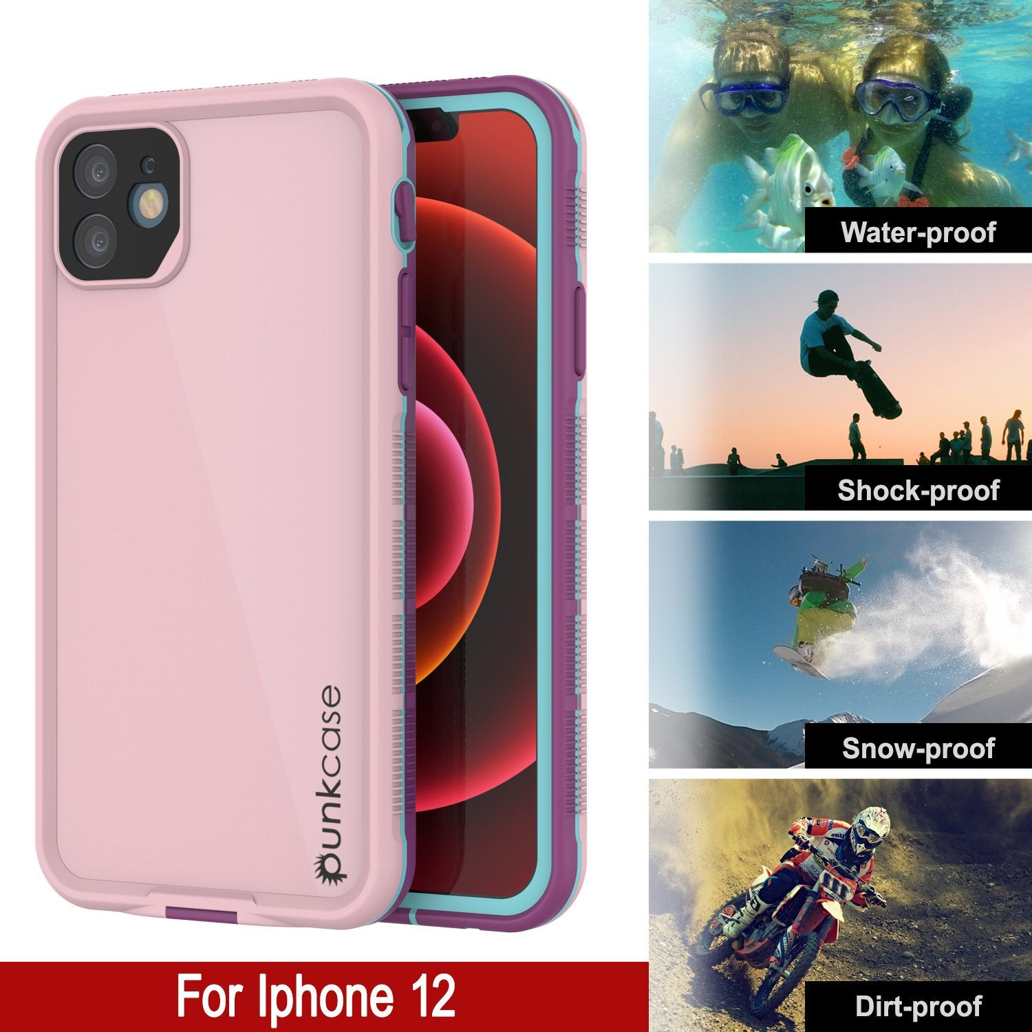 Punkcase iPhone 12 Waterproof Case [Aqua Series] Armor Cover [Pink]