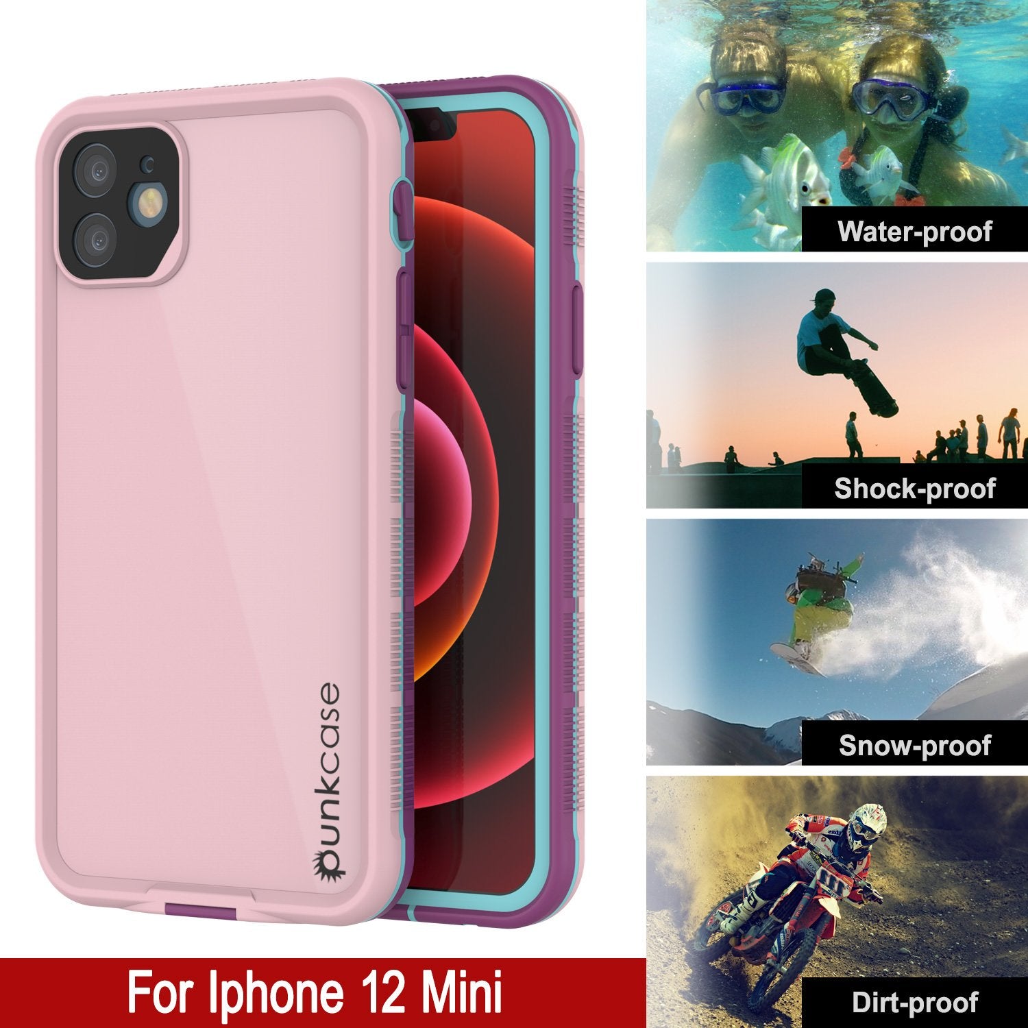 Punkcase iPhone 12 Mini Waterproof Case [Aqua Series] Armor Cover [Pink]