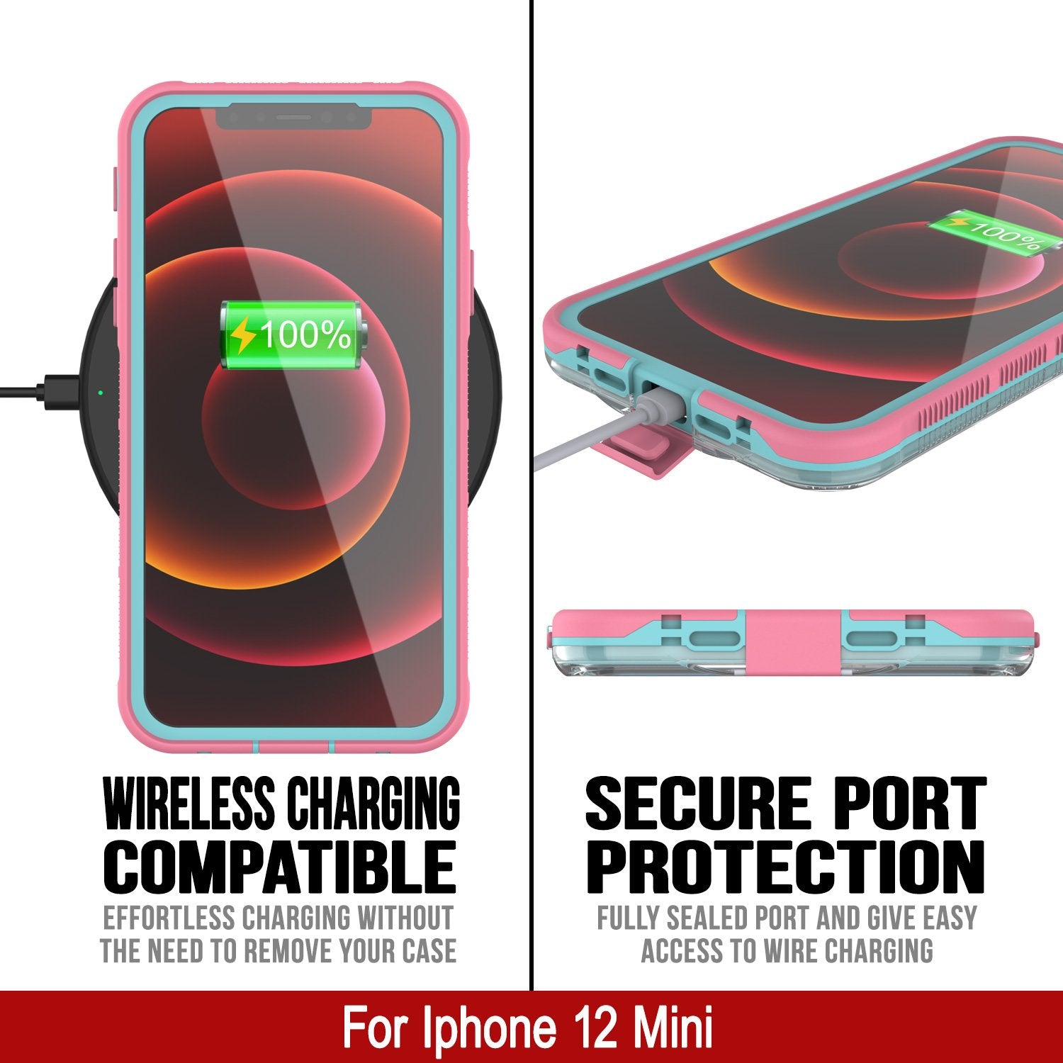 Punkcase iPhone 12 Mini Waterproof Case [Aqua Series] Armor Cover [Clear Pink] [Clear Back]