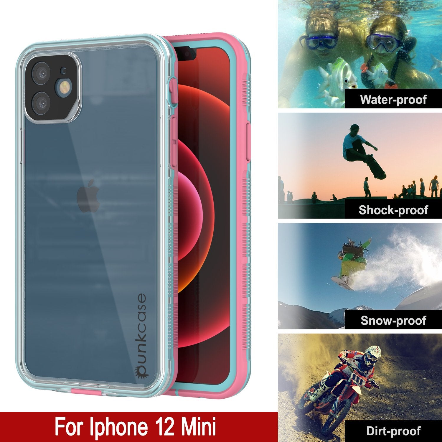 Punkcase iPhone 12 Mini Waterproof Case [Aqua Series] Armor Cover [Clear Pink] [Clear Back]