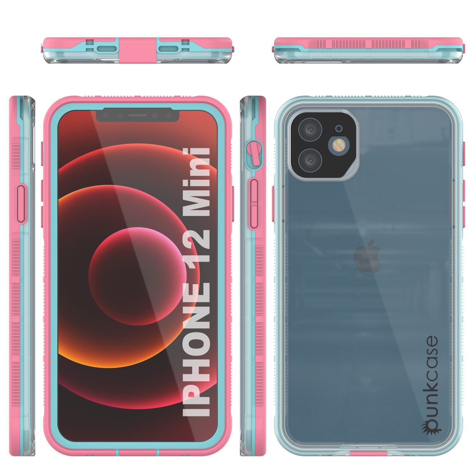Punkcase iPhone 12 Mini Waterproof Case [Aqua Series] Armor Cover [Clear Pink] [Clear Back]