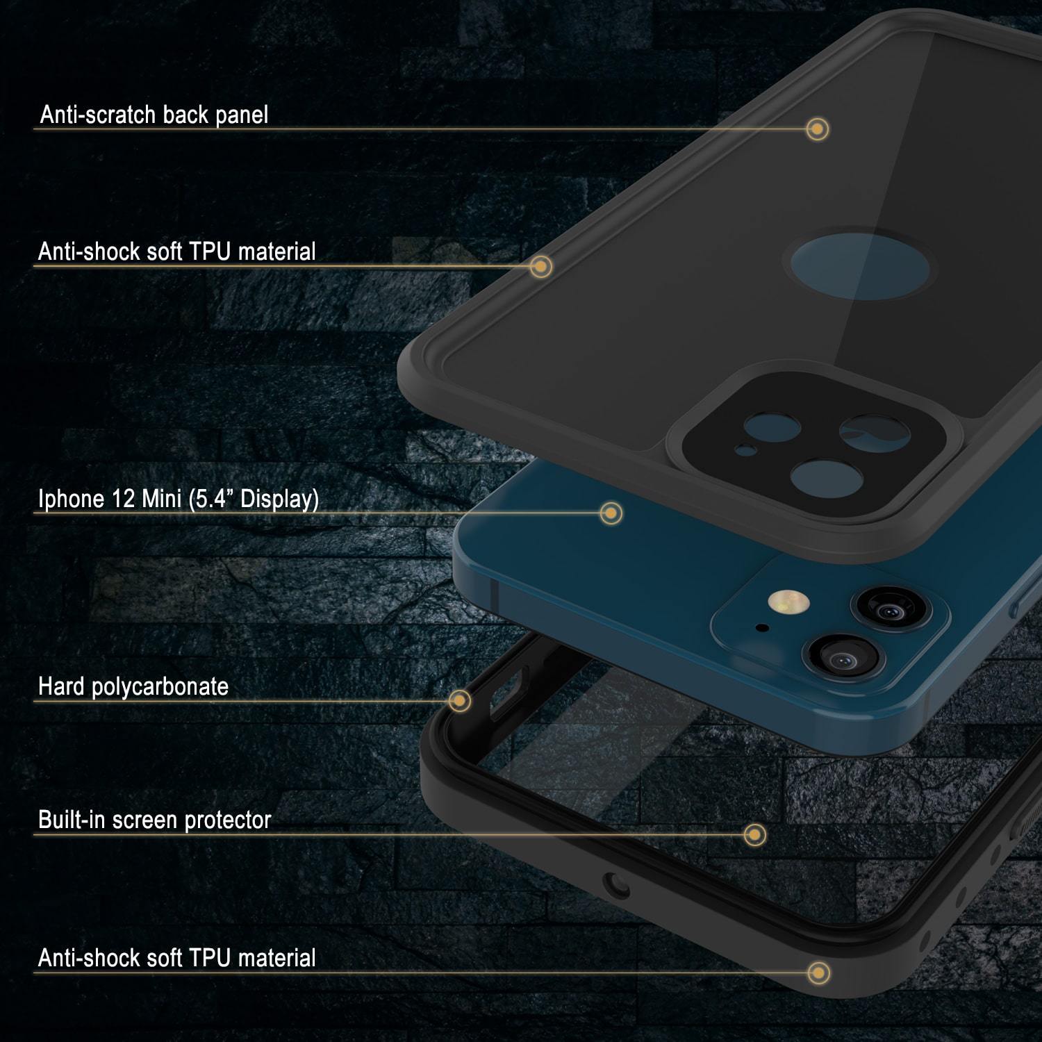 iPhone 12 Mini Waterproof IP68 Case, Punkcase [Black] [StudStar Series] [Slim Fit]