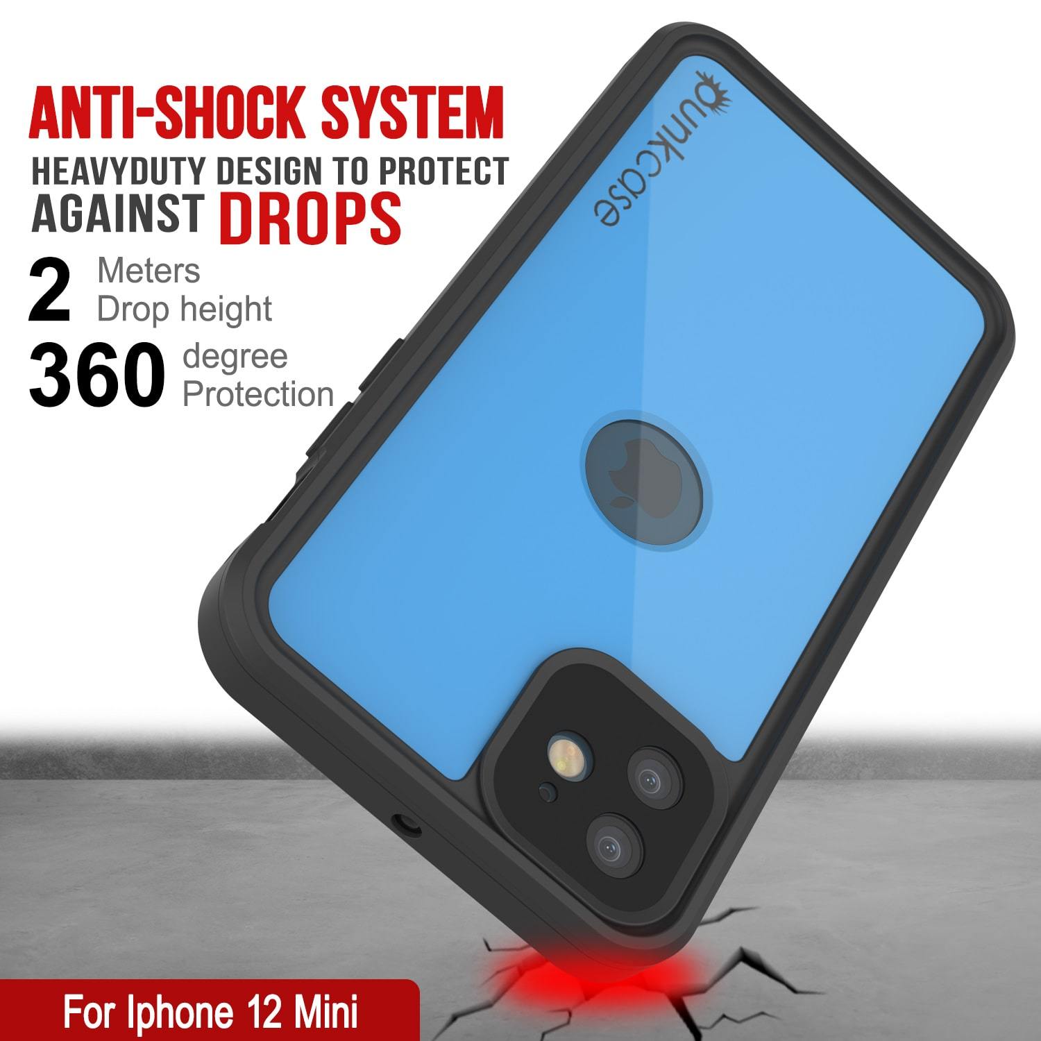 iPhone 12 Mini Waterproof IP68 Case, Punkcase [Light blue] [StudStar Series] [Slim Fit] [Dirtproof]