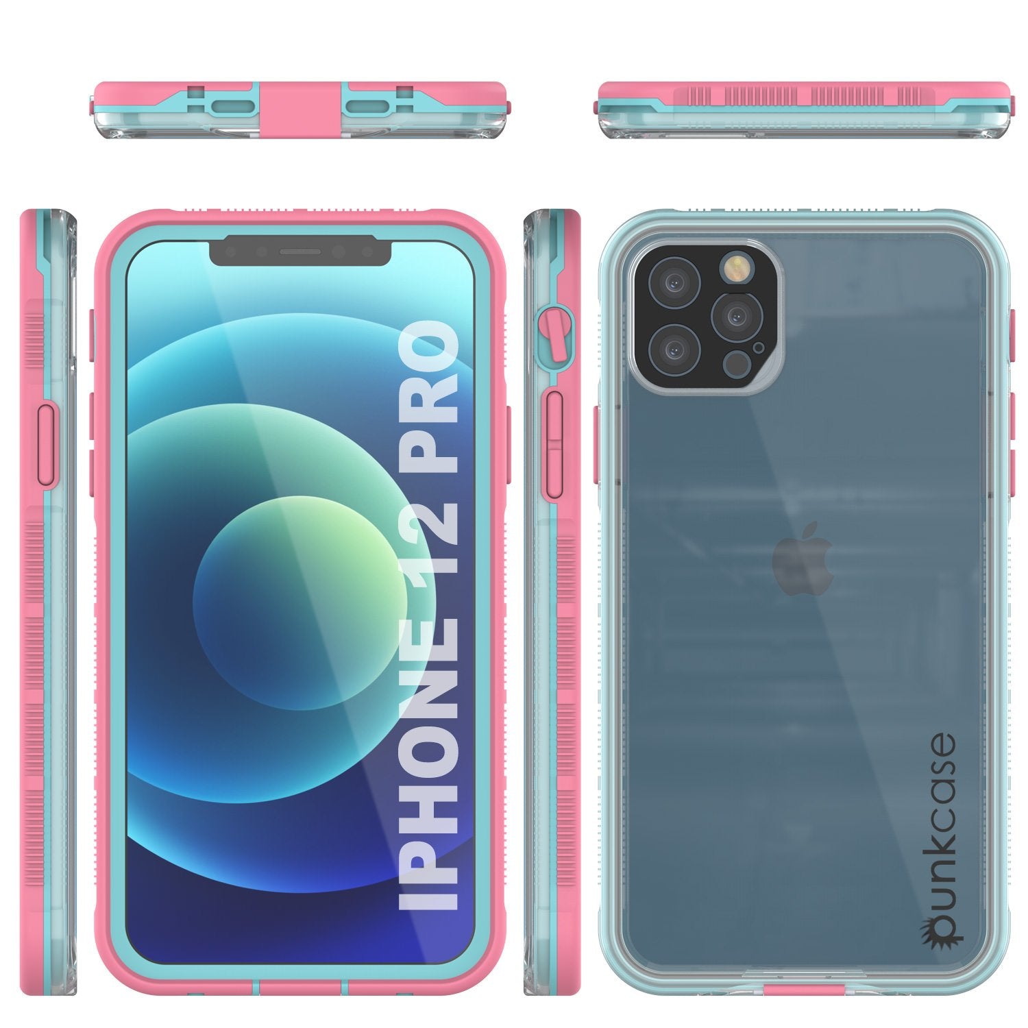 Punkcase iPhone 12 Pro Waterproof Case [Aqua Series] Armor Cover [Clear Pink] [Clear Back]