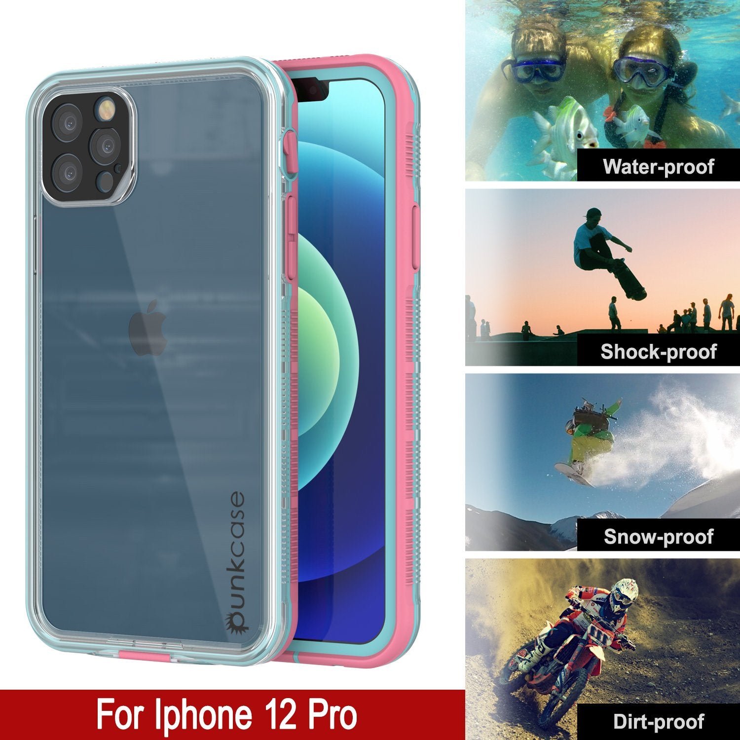 Punkcase iPhone 12 Pro Waterproof Case [Aqua Series] Armor Cover [Clear Pink] [Clear Back]