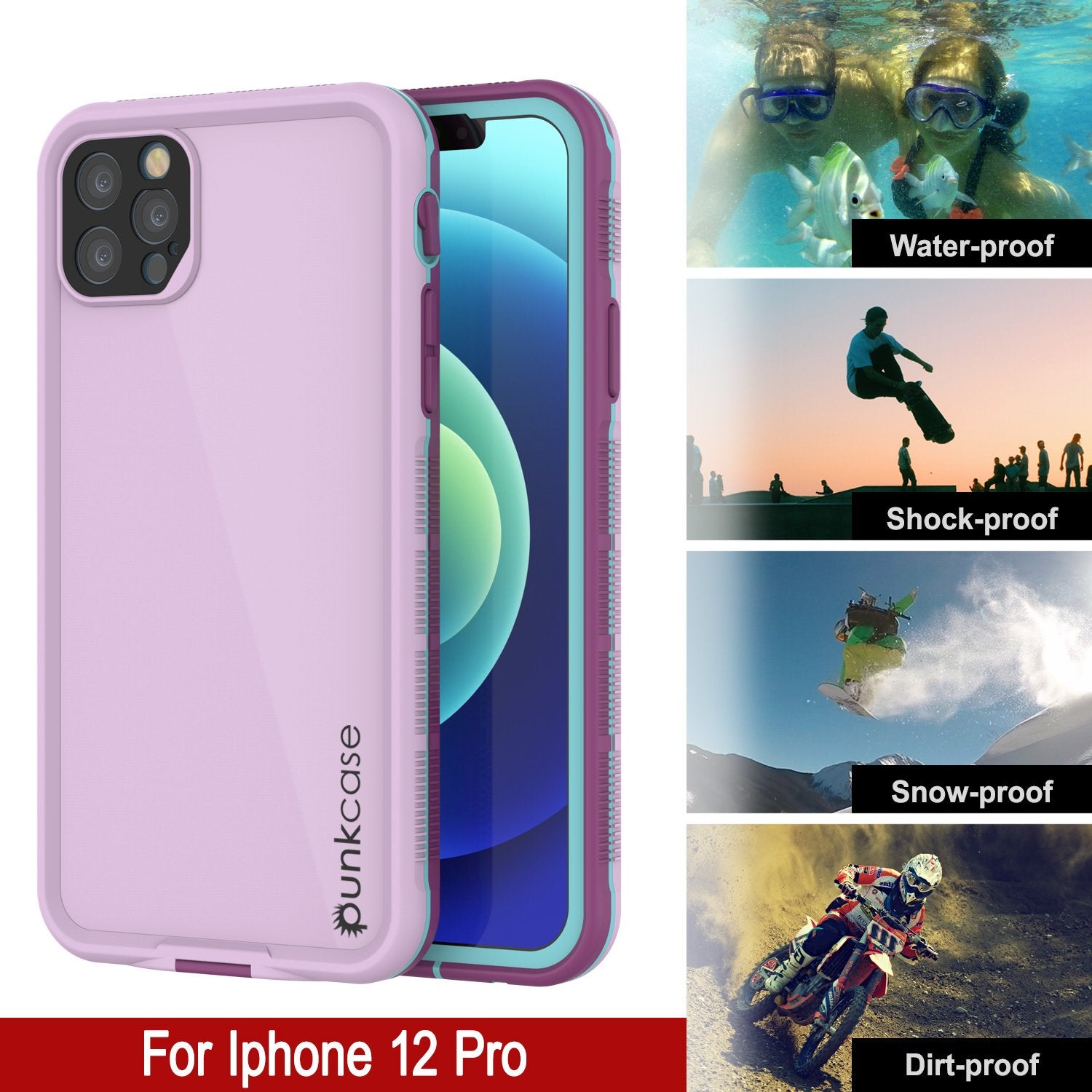 Punkcase iPhone 12 Pro Waterproof Case [Aqua Series] Armor Cover [Purple]