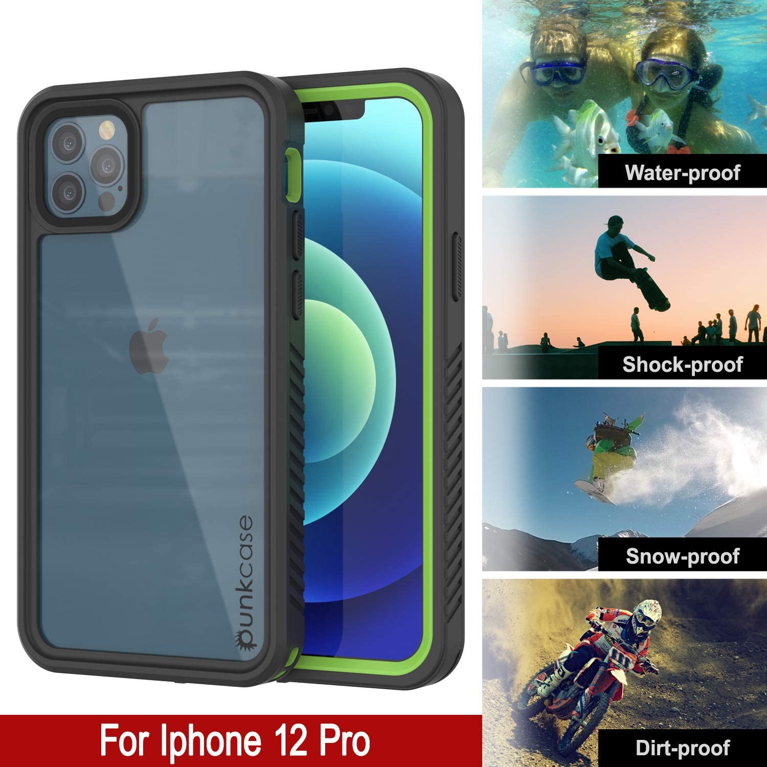 iPhone 12 Pro Waterproof Case, Punkcase [Extreme Series] Armor Cover W/ Built In Screen Protector [Light Green]