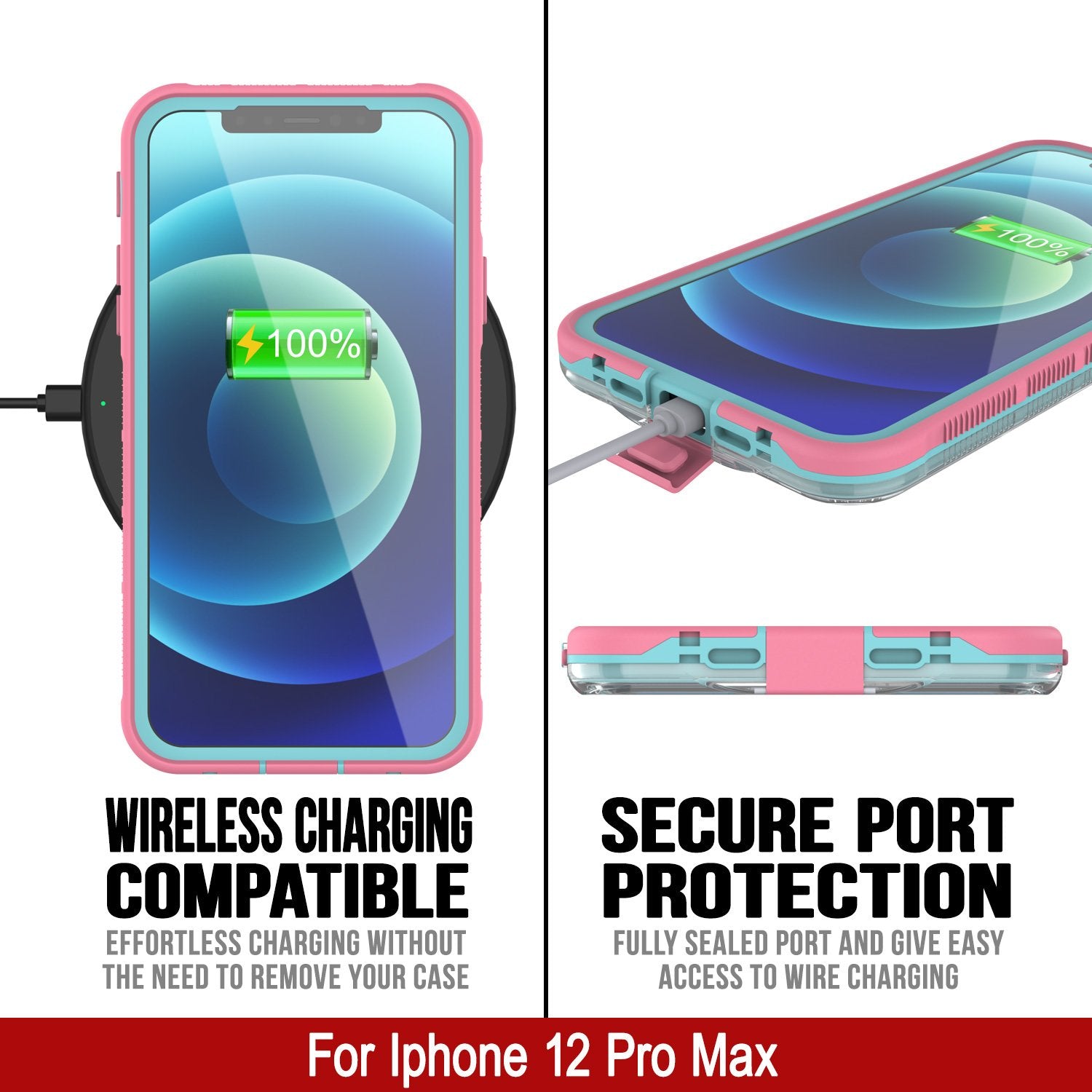 Punkcase iPhone 12 Pro Max Waterproof Case [Aqua Series] Armor Cover [Clear Pink] [Clear Back]