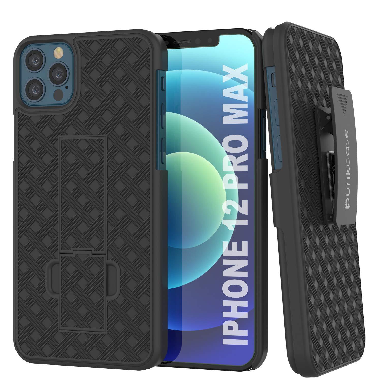 Punkcase iPhone 12 Pro Max Case With Tempered Glass Screen Protector, Holster Belt Clip & Built-In Kickstand [Black]