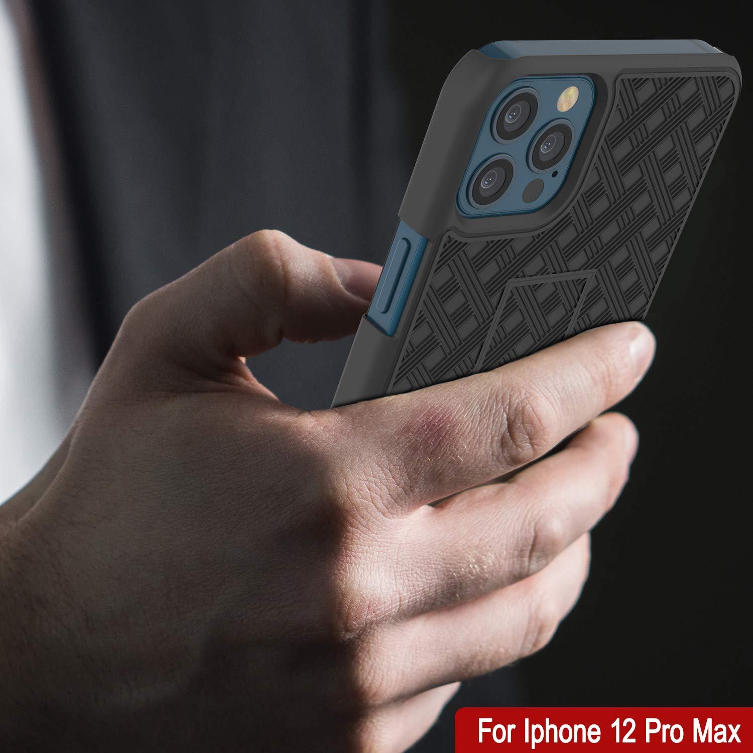 Punkcase iPhone 12 Pro Max Case With Tempered Glass Screen Protector, Holster Belt Clip & Built-In Kickstand [Black]