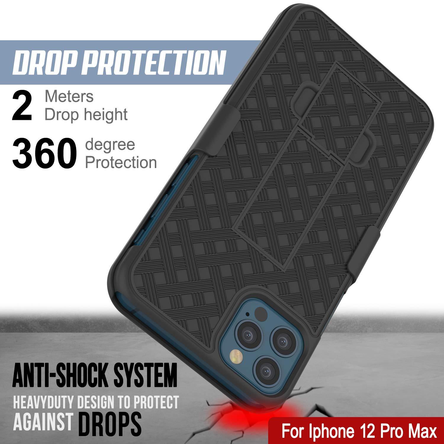 Punkcase iPhone 12 Pro Max Case With Tempered Glass Screen Protector, Holster Belt Clip & Built-In Kickstand [Black]