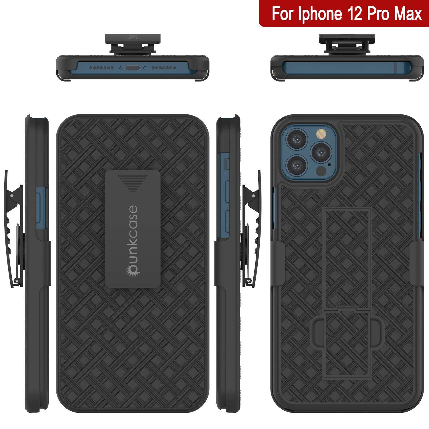 Punkcase iPhone 12 Pro Max Case With Tempered Glass Screen Protector, Holster Belt Clip & Built-In Kickstand [Black]