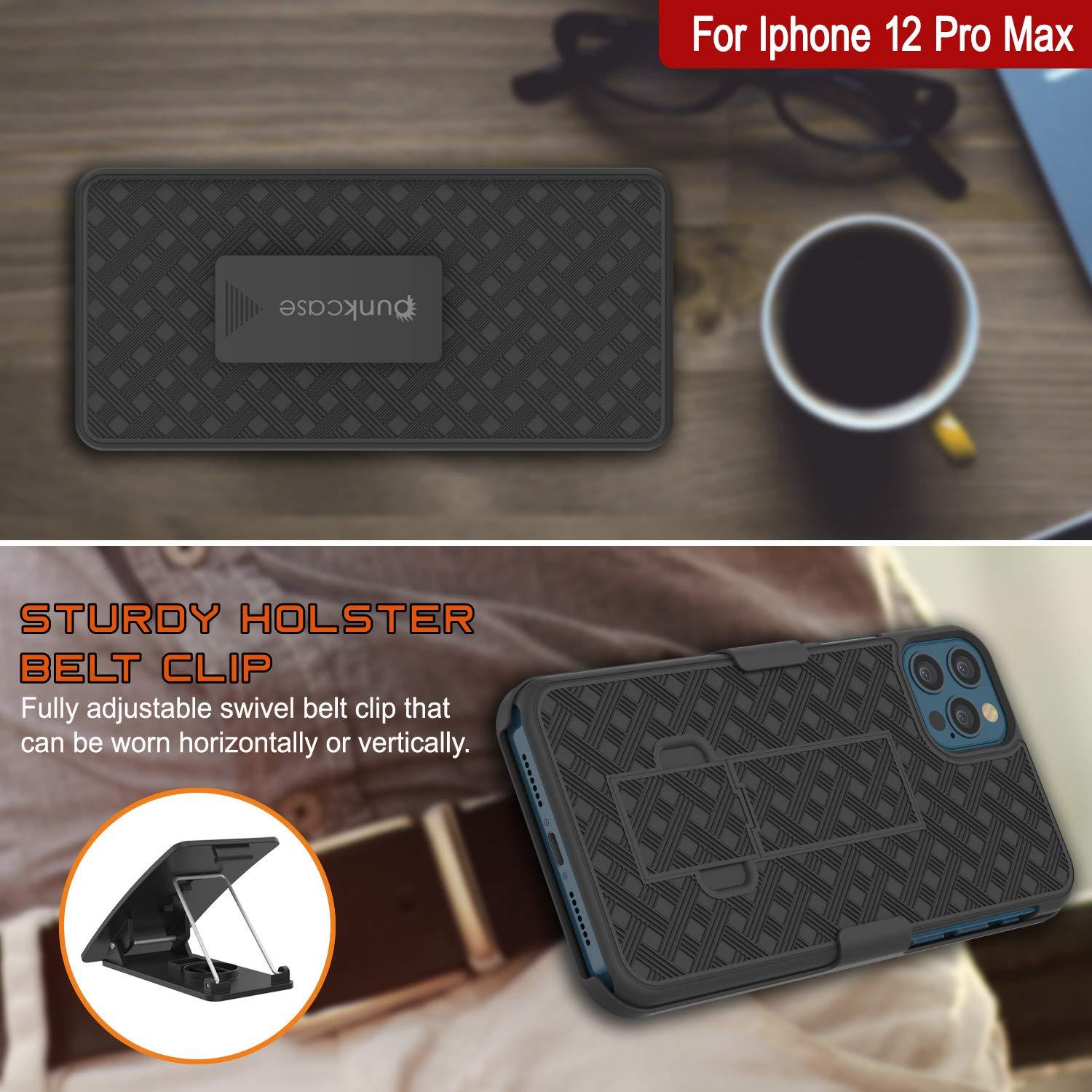 Punkcase iPhone 12 Pro Max Case With Tempered Glass Screen Protector, Holster Belt Clip & Built-In Kickstand [Black]