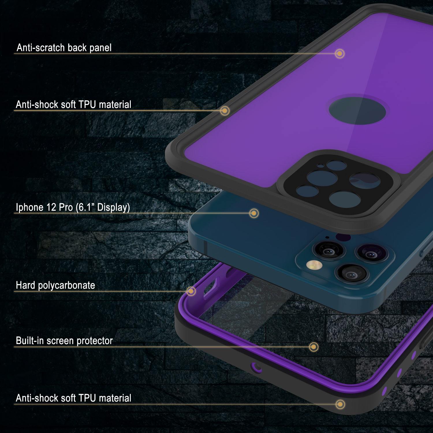 iPhone 12 Pro Waterproof IP68 Case, Punkcase [Purple] [StudStar Series] [Slim Fit] [Dirtproof]