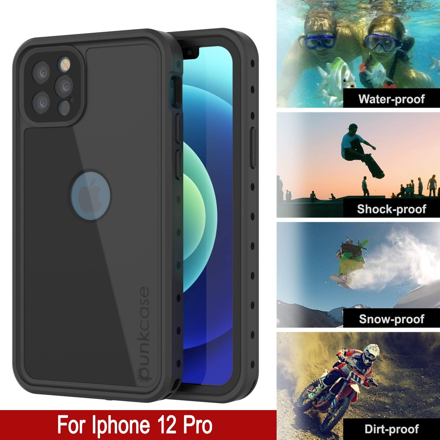 iPhone 12 Pro Waterproof IP68 Case, Punkcase [Black] [StudStar Series] [Slim Fit]