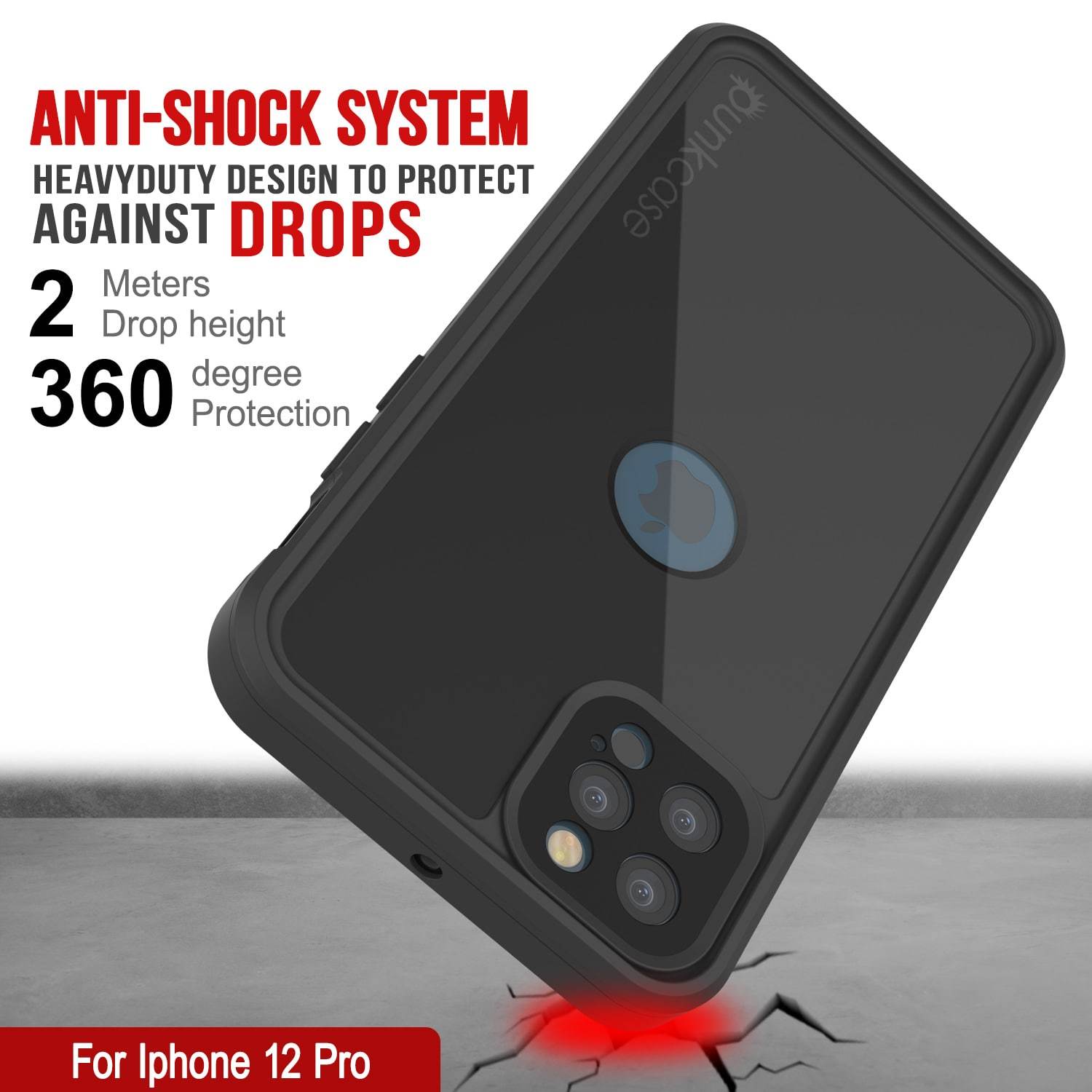 iPhone 12 Pro Waterproof IP68 Case, Punkcase [Black] [StudStar Series] [Slim Fit]