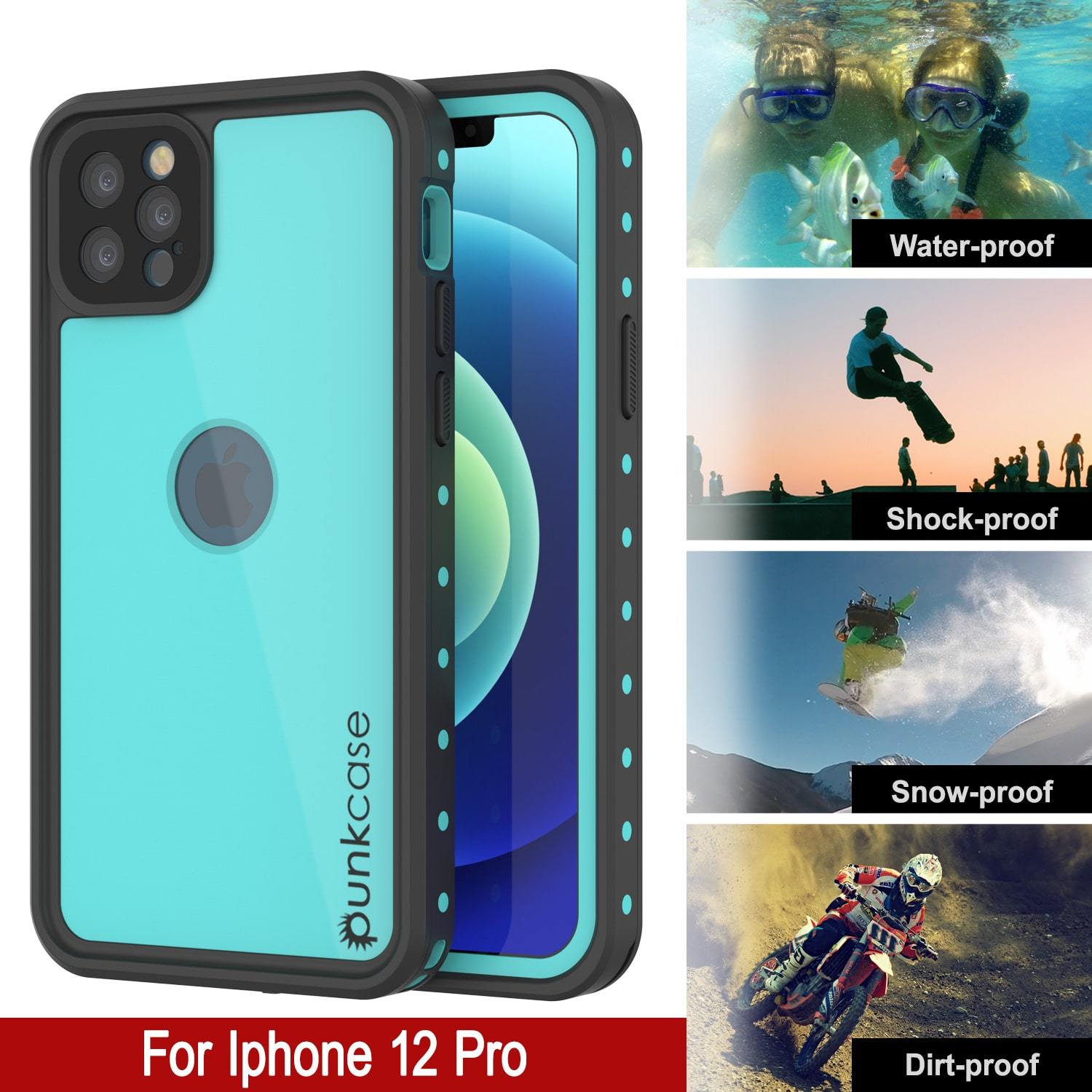 iPhone 12 Pro Waterproof IP68 Case, Punkcase [Teal] [StudStar Series] [Slim Fit]