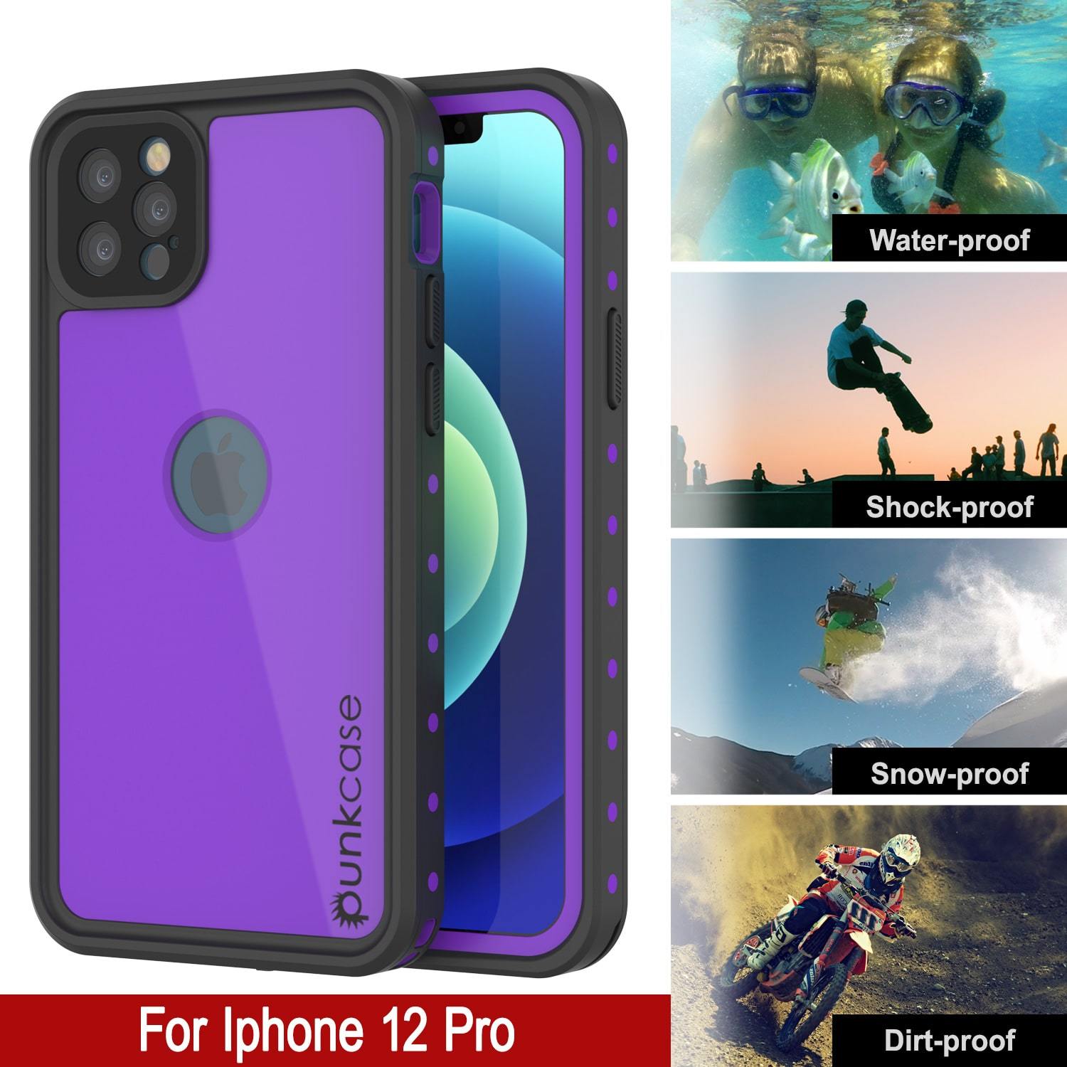 iPhone 12 Pro Waterproof IP68 Case, Punkcase [Purple] [StudStar Series] [Slim Fit] [Dirtproof]