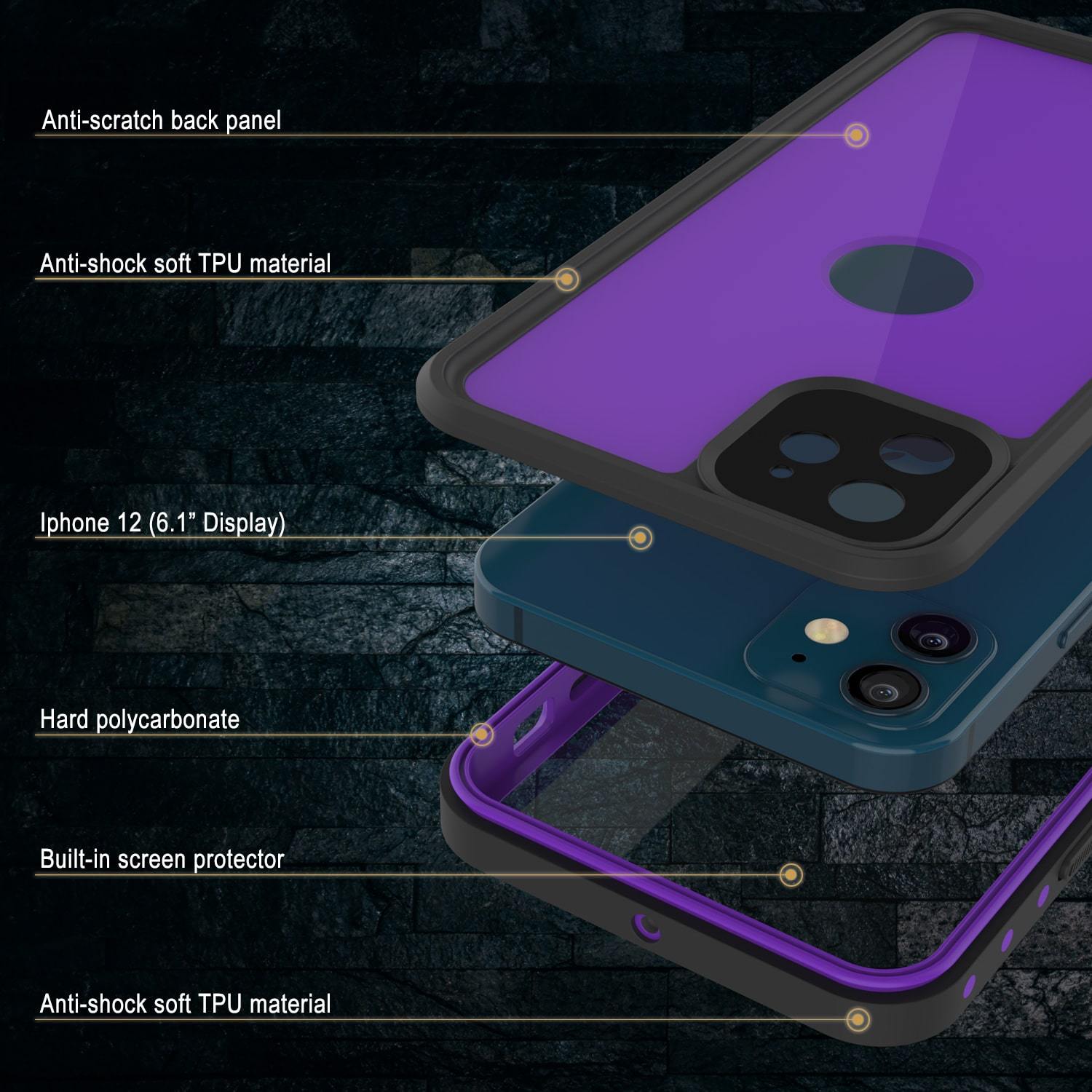 iPhone 12 Waterproof IP68 Case, Punkcase [Purple] [StudStar Series] [Slim Fit] [Dirtproof]