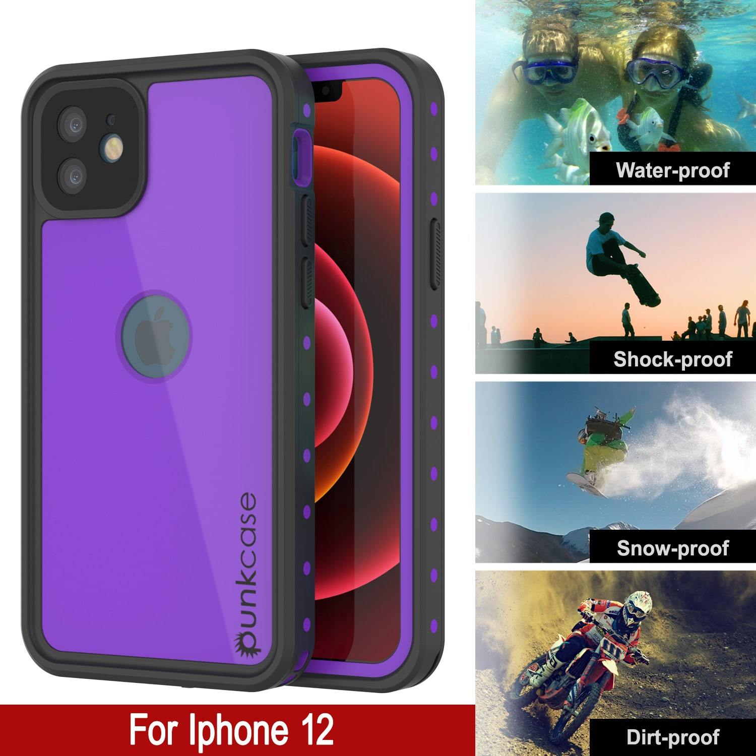 iPhone 12 Waterproof IP68 Case, Punkcase [Purple] [StudStar Series] [Slim Fit] [Dirtproof]