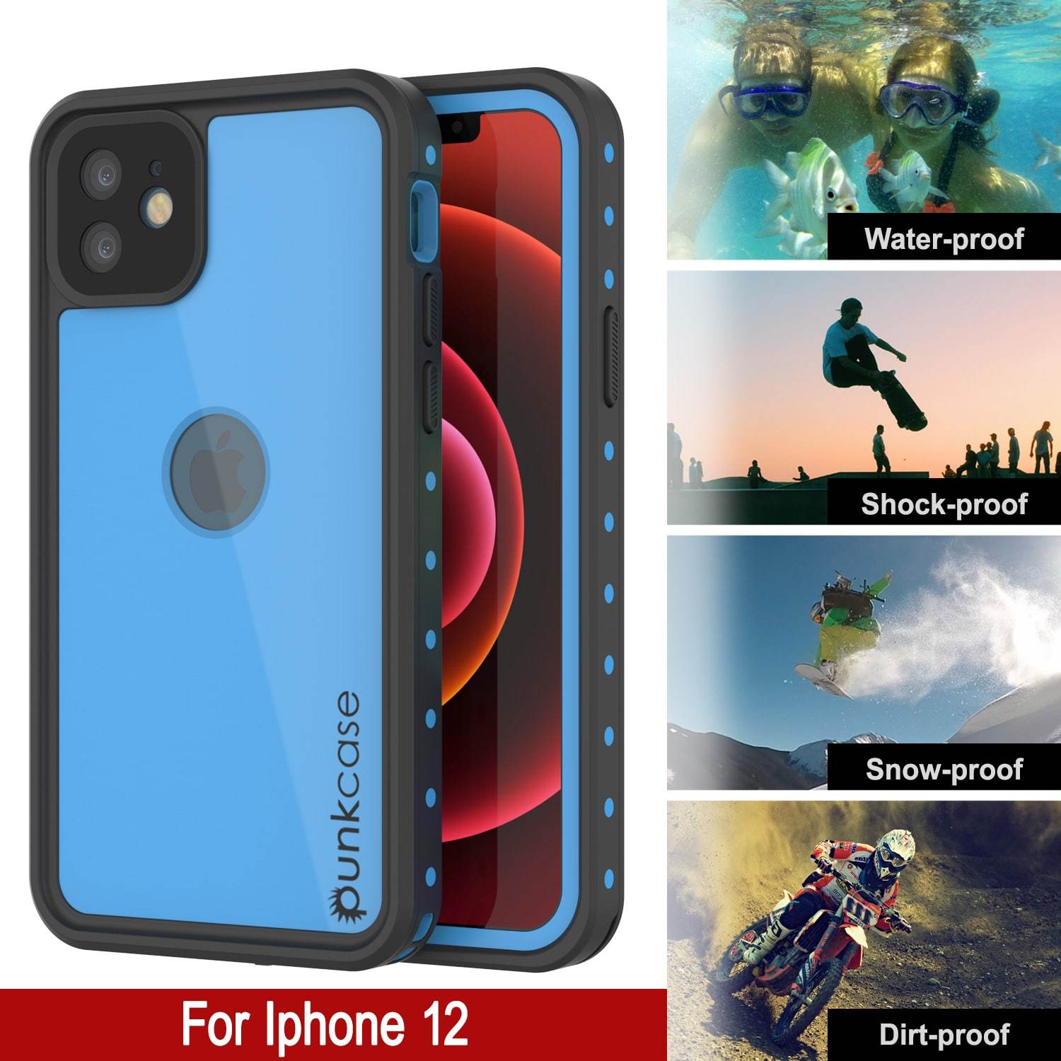 iPhone 12 Waterproof IP68 Case, Punkcase [Light blue] [StudStar Series] [Slim Fit] [Dirtproof]