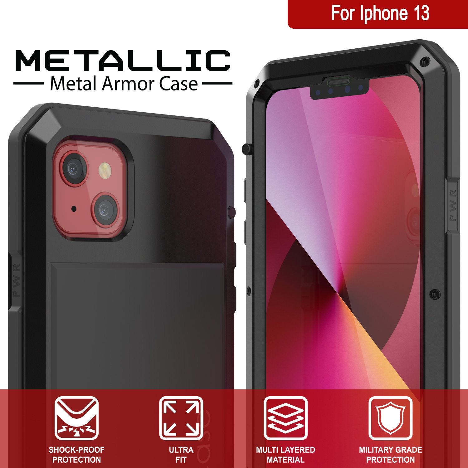 iPhone 13 Metal Case, Heavy Duty Military Grade Armor Cover [shock proof] Full Body Hard [Black]