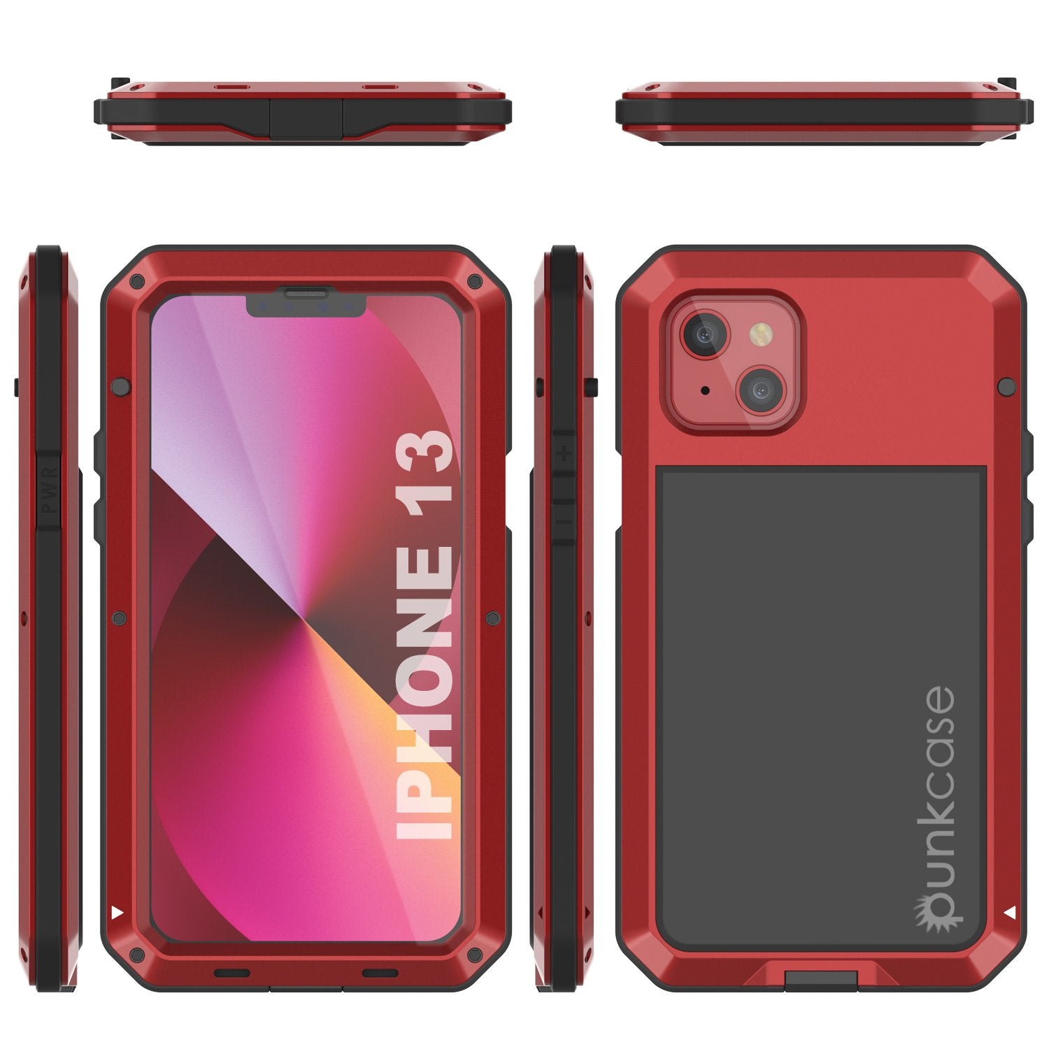 iPhone 13 Metal Case, Heavy Duty Military Grade Armor Cover [shock proof] Full Body Hard [Red]
