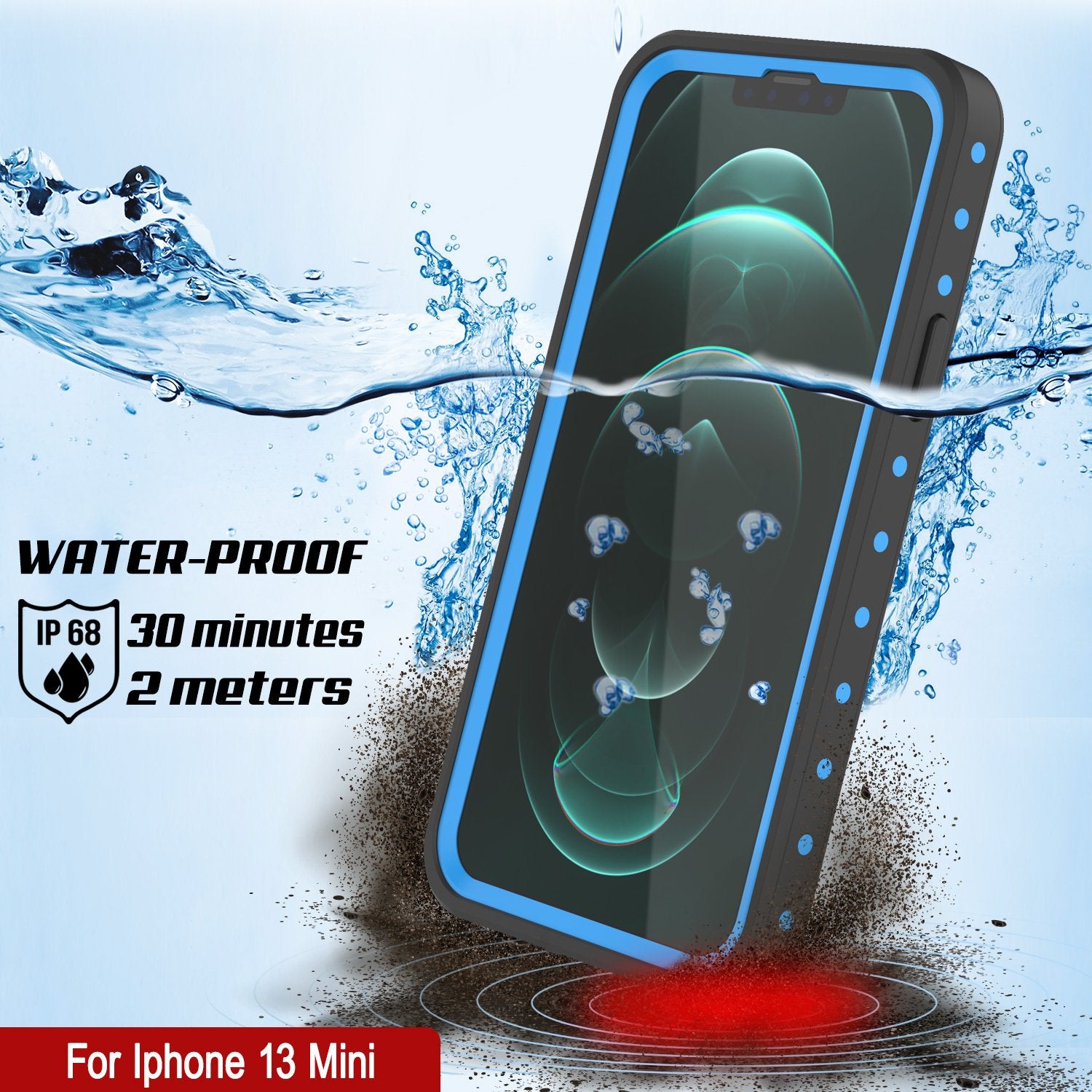 iPhone 13 Mini Waterproof IP68 Case, Punkcase [Light blue] [StudStar Series] [Slim Fit] [Dirtproof]