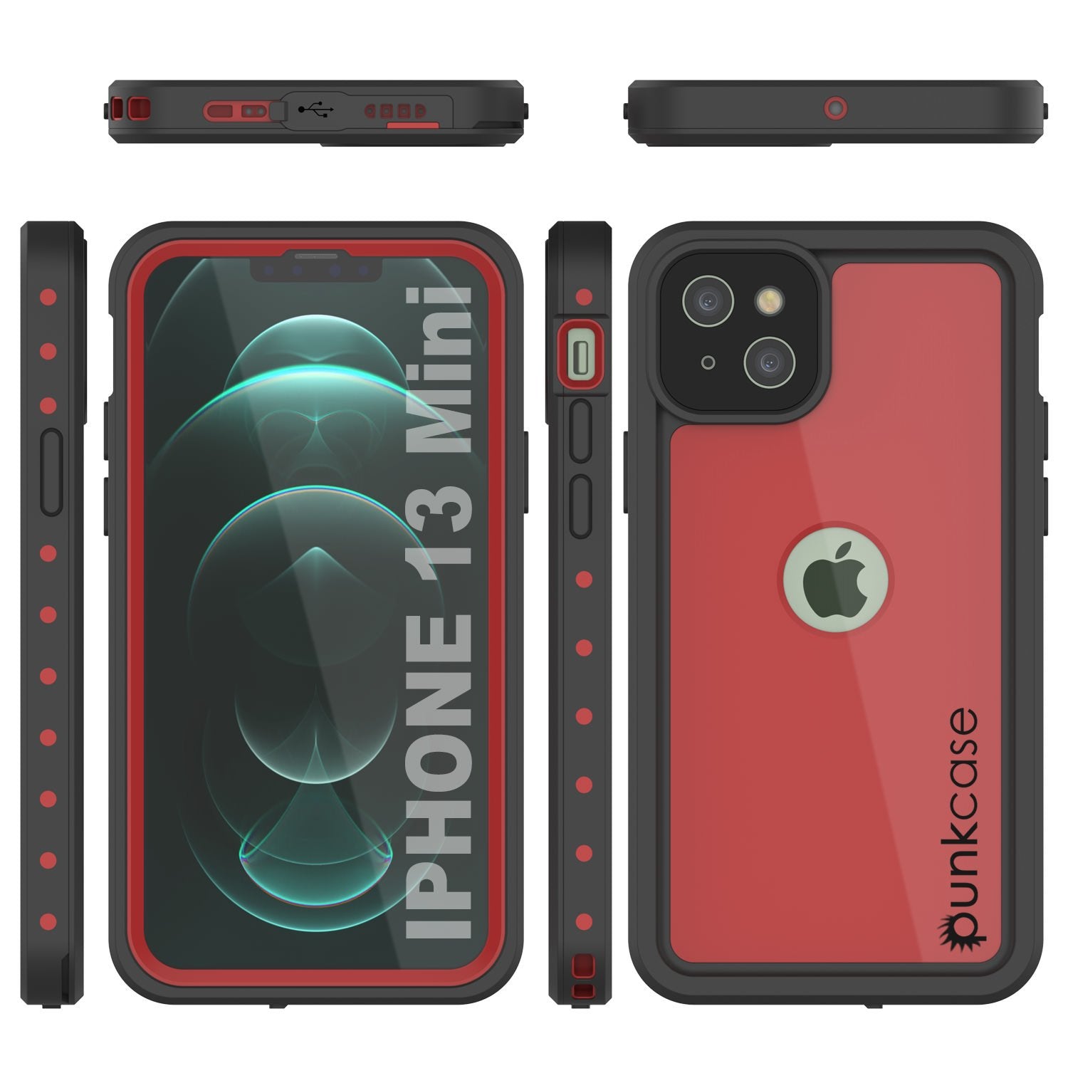 iPhone 13 Mini Waterproof IP68 Case, Punkcase [Red] [StudStar Series] [Slim Fit]
