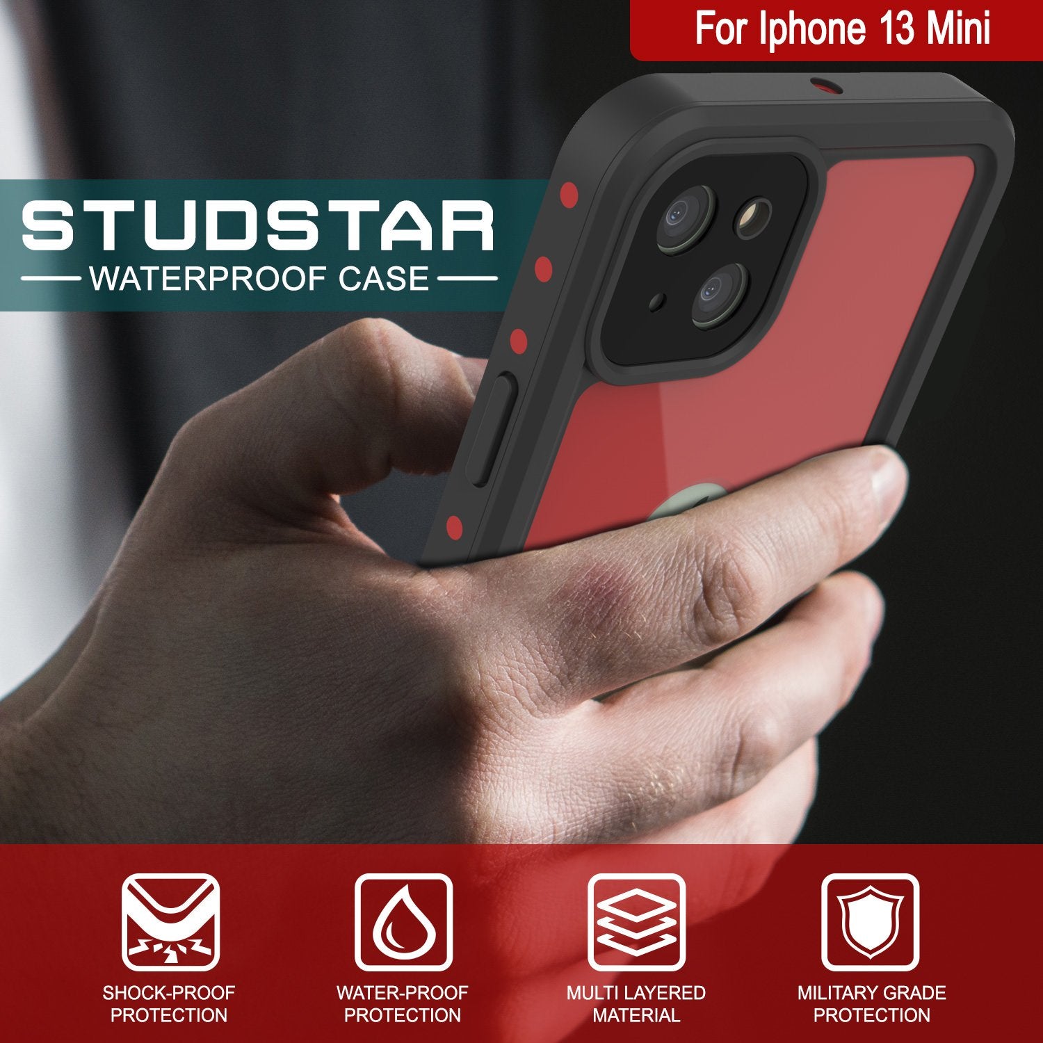 iPhone 13 Mini Waterproof IP68 Case, Punkcase [Red] [StudStar Series] [Slim Fit]