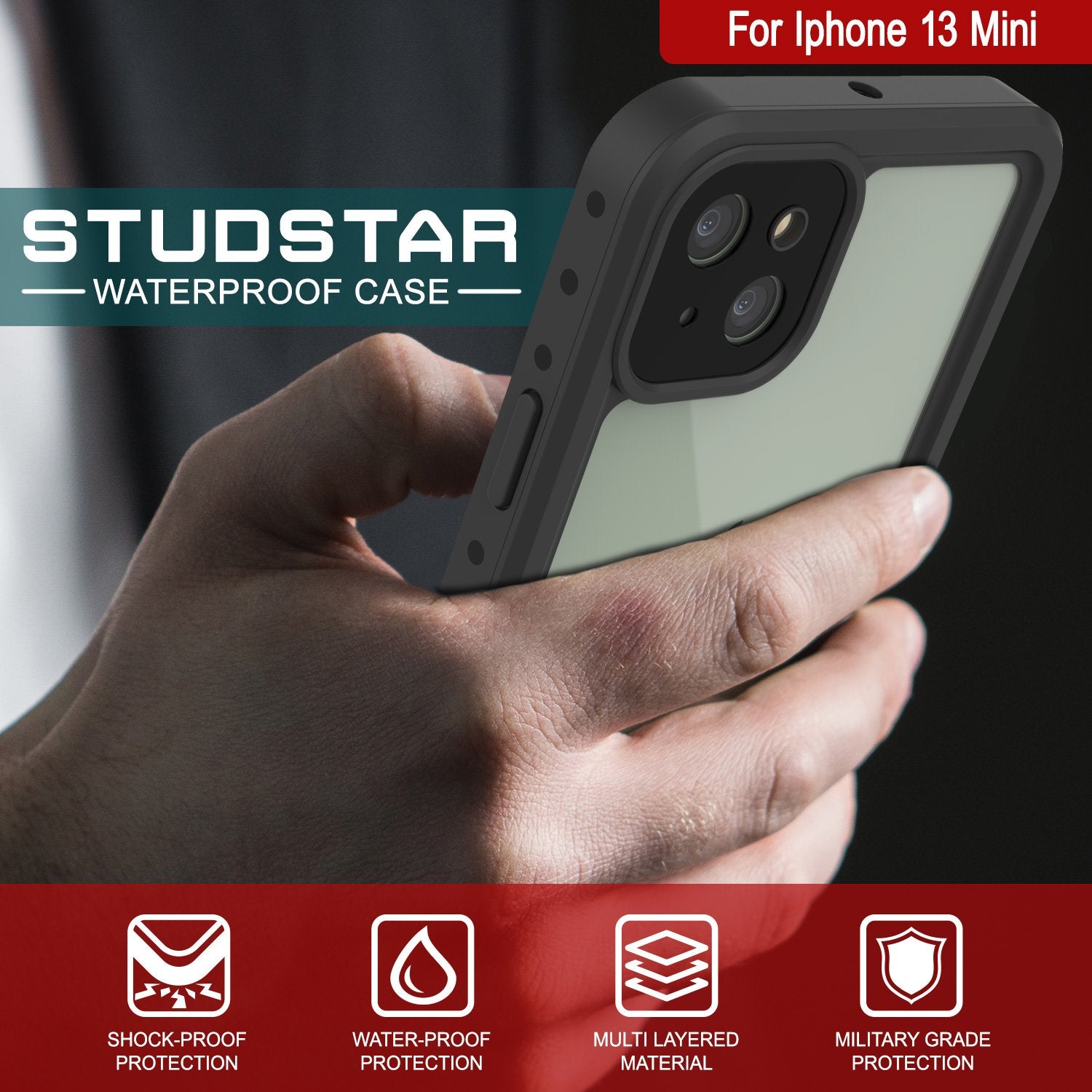 iPhone 13 Mini Waterproof IP68 Case, Punkcase [Clear] [StudStar Series] [Slim Fit] [Dirtproof]