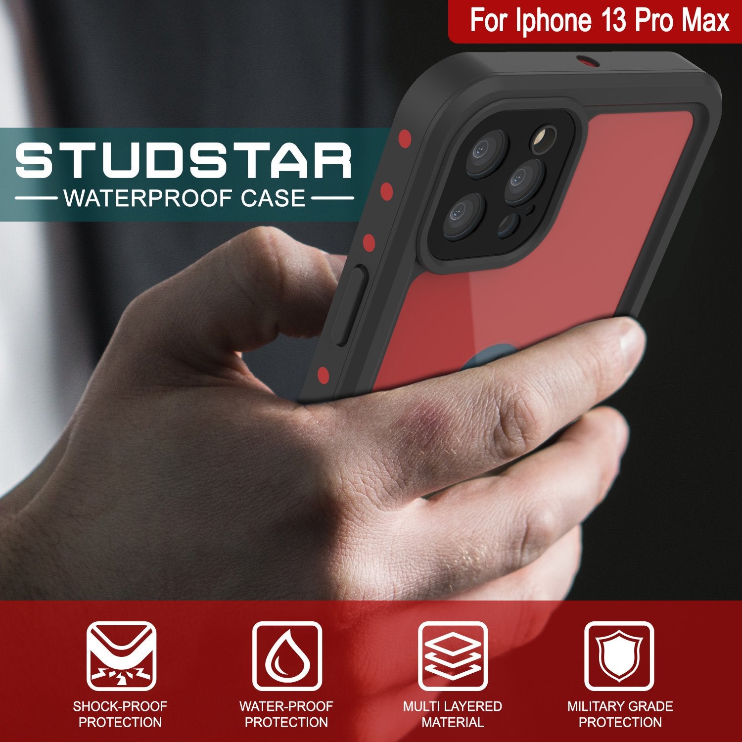 iPhone 13 Pro Max Waterproof IP68 Case, Punkcase [Red] [StudStar Series] [Slim Fit]