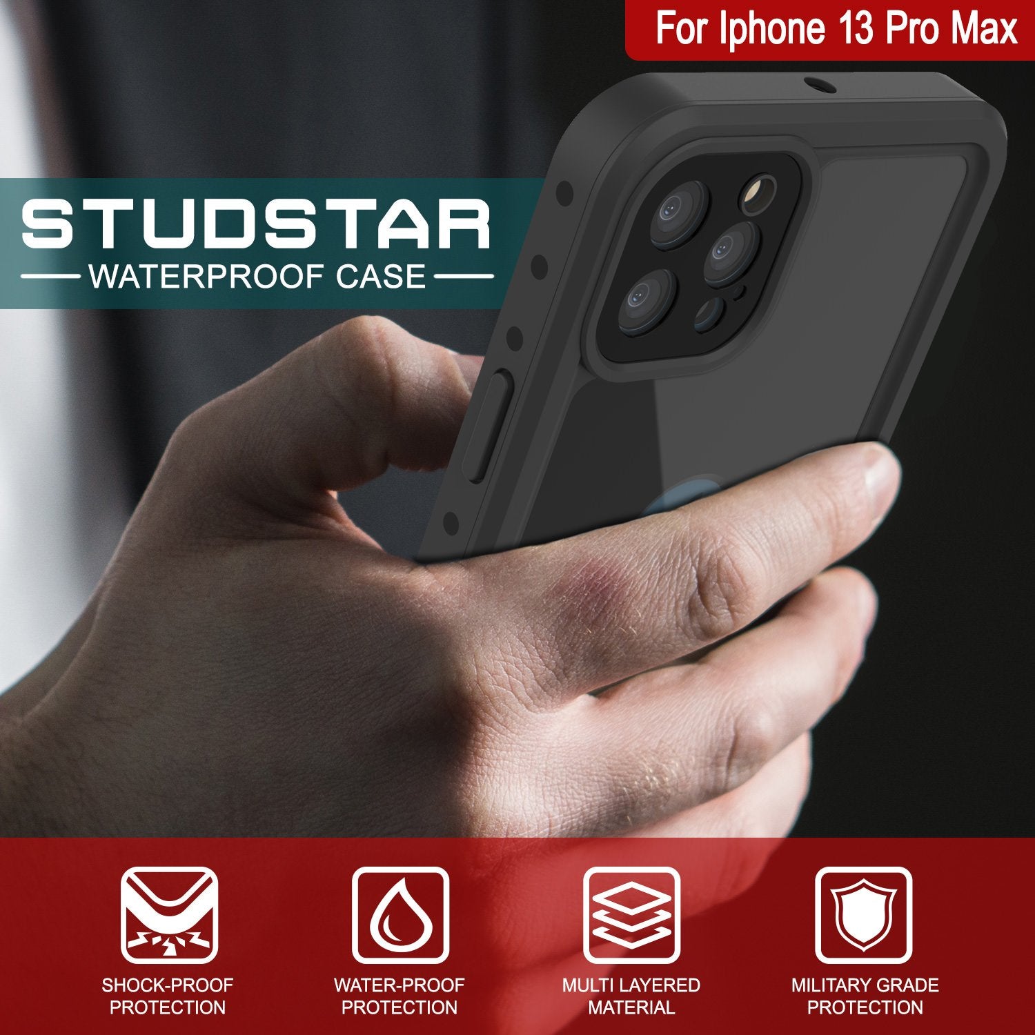iPhone 13 Pro Max Waterproof IP68 Case, Punkcase [Black] [StudStar Series] [Slim Fit]