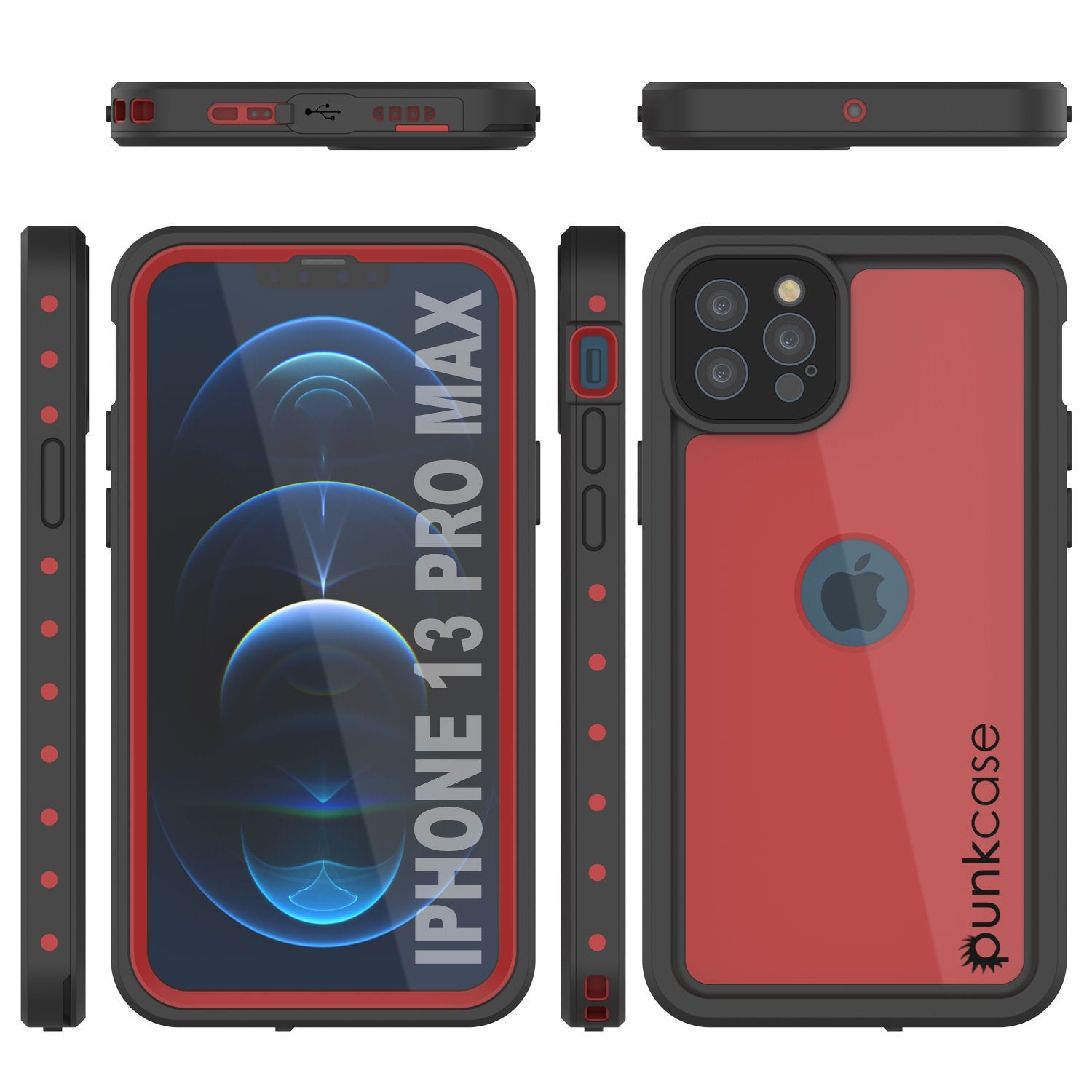 iPhone 13 Pro Max Waterproof IP68 Case, Punkcase [Red] [StudStar Series] [Slim Fit]