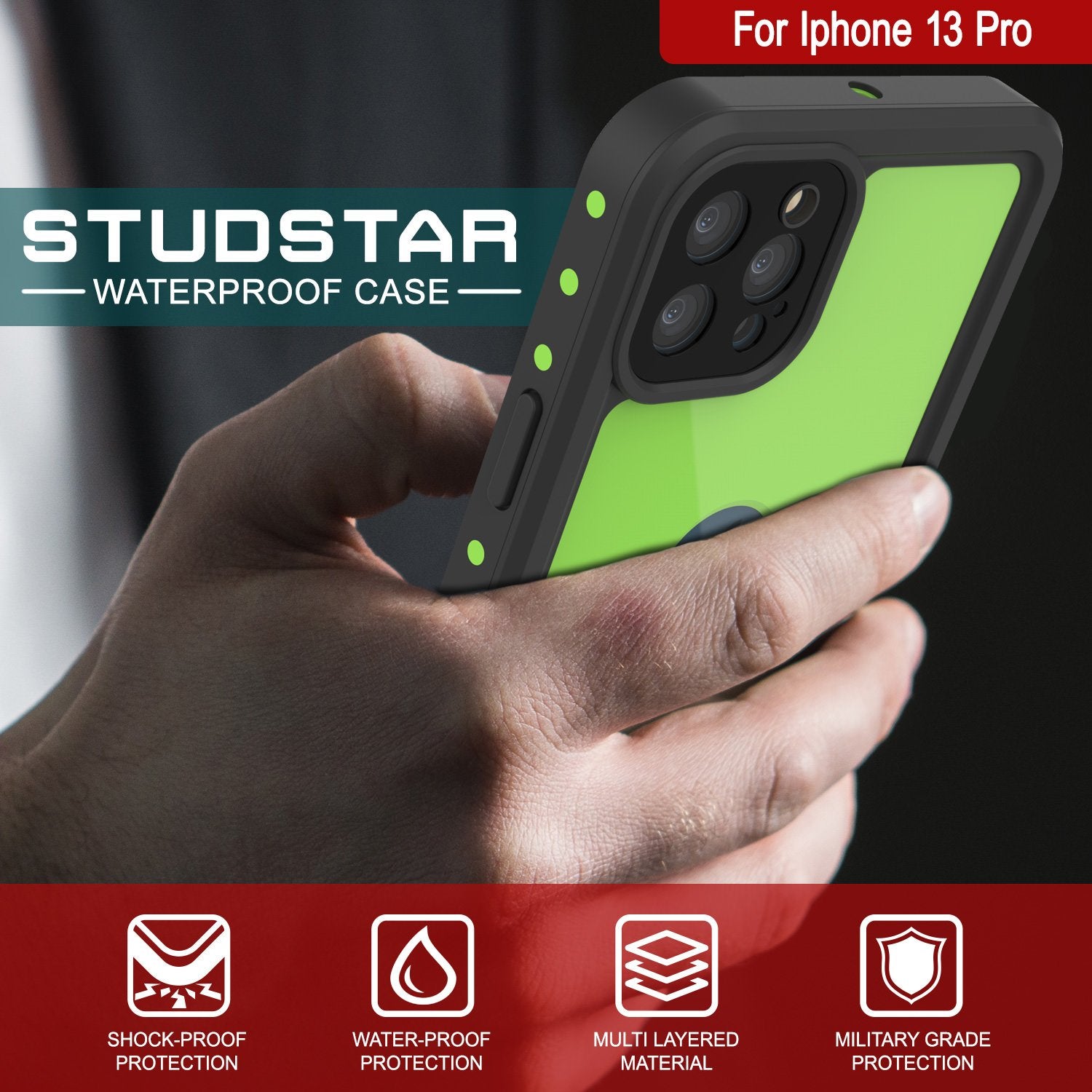 iPhone 13 Pro Waterproof IP68 Case, Punkcase [Light green] [StudStar Series] [Slim Fit] [Dirtproof]