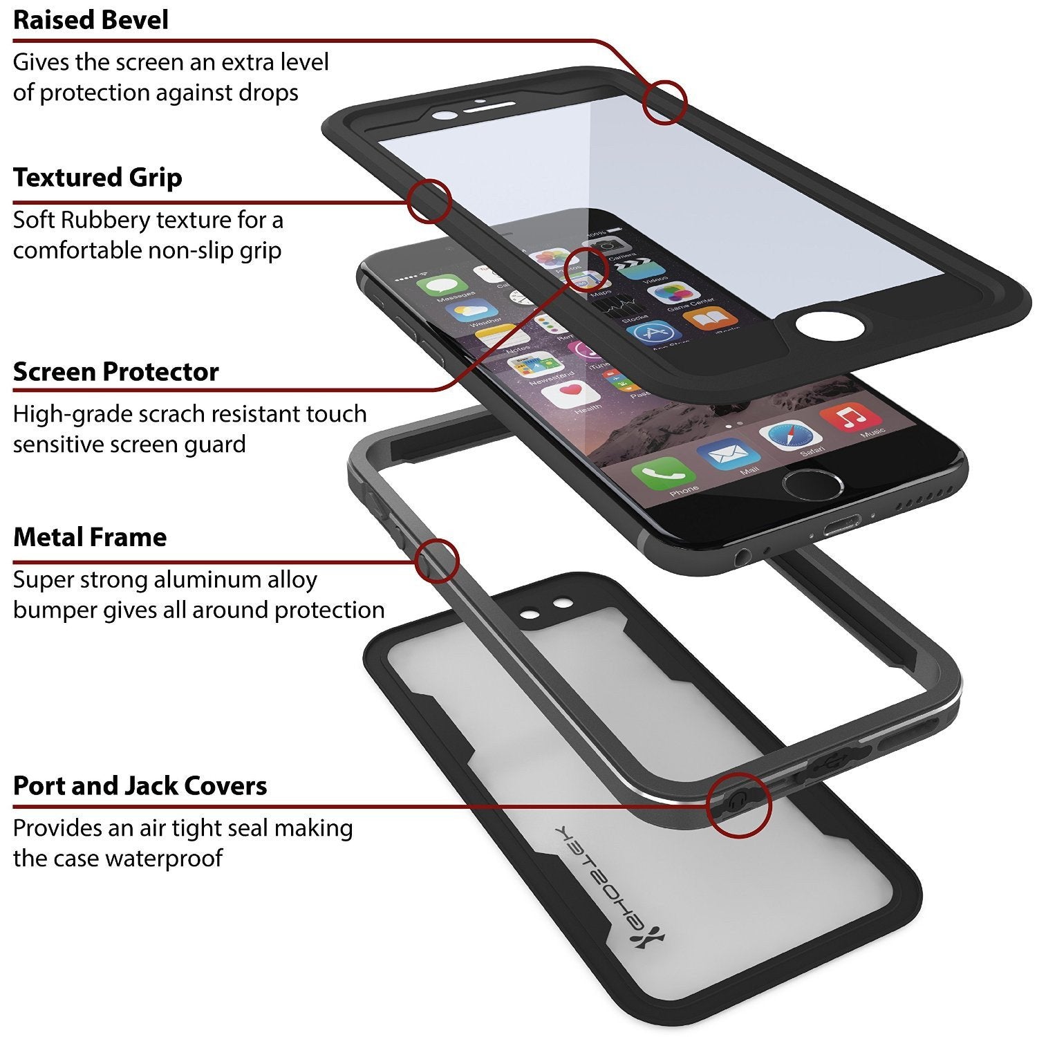 iPhone 6/6S Waterproof Case, Ghostek Atomic 2.0 Space Gray W/ Attached Screen Protector | Slim Fit