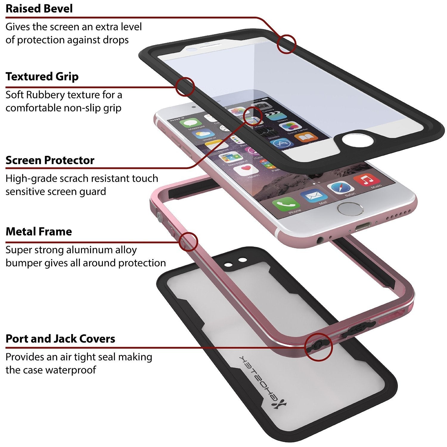 iPhone 6S/6 Waterproof Case, Ghostek Atomic 2.0 Space Pink W/ Attached Screen Protector, Slim Fitted